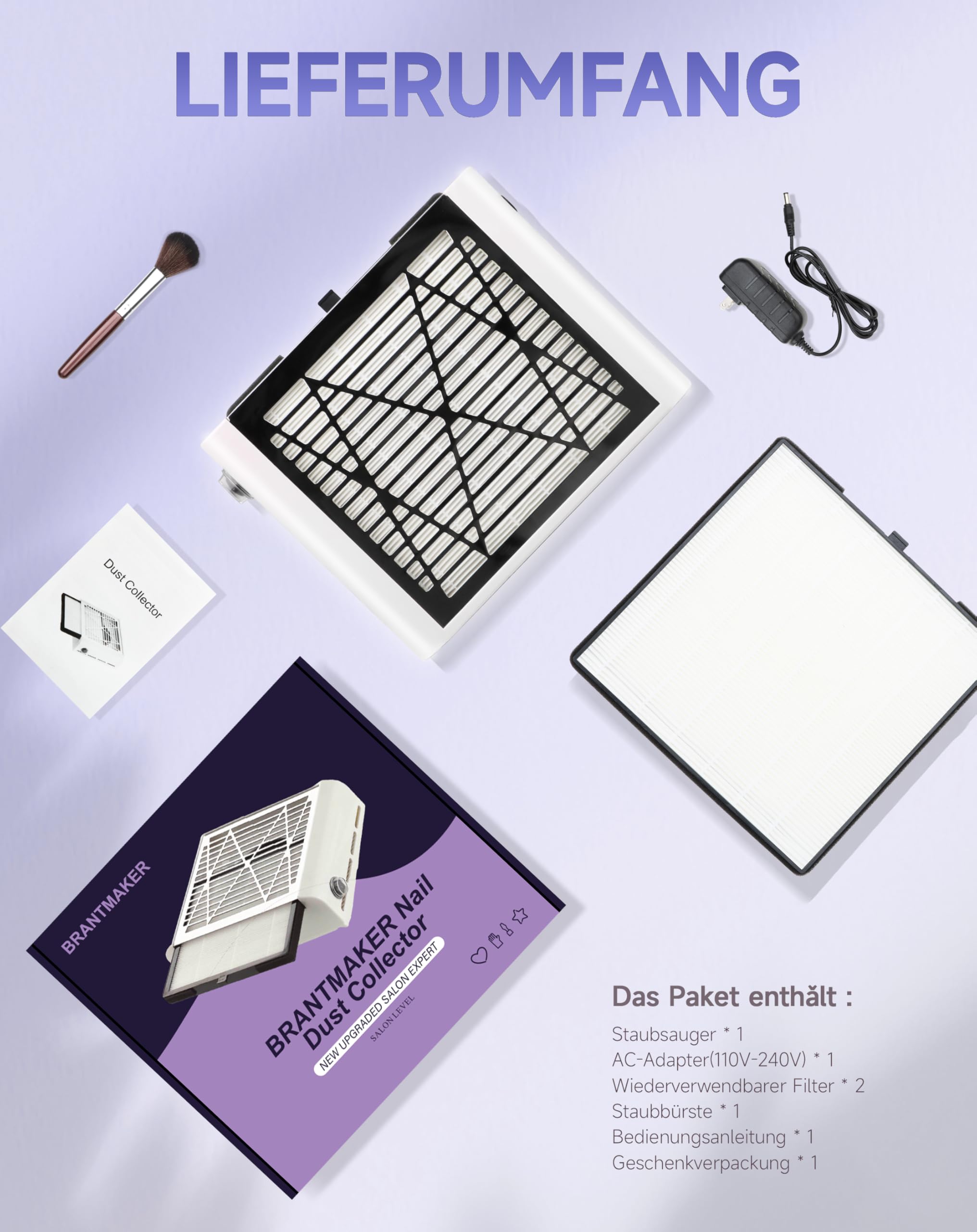 BRANTMAKER Staubabsaugung für nägel, Nagelstaubsauger, Absaugung Nagelstudio mit Bürste und 2 Filter, Nagel Staubsauger für Acrylnägel (Weiß) | Kunststoff, Nagelstaubsauger, Absaugung Nagelstudio, Nagel Staubsauger für Acrylnägel