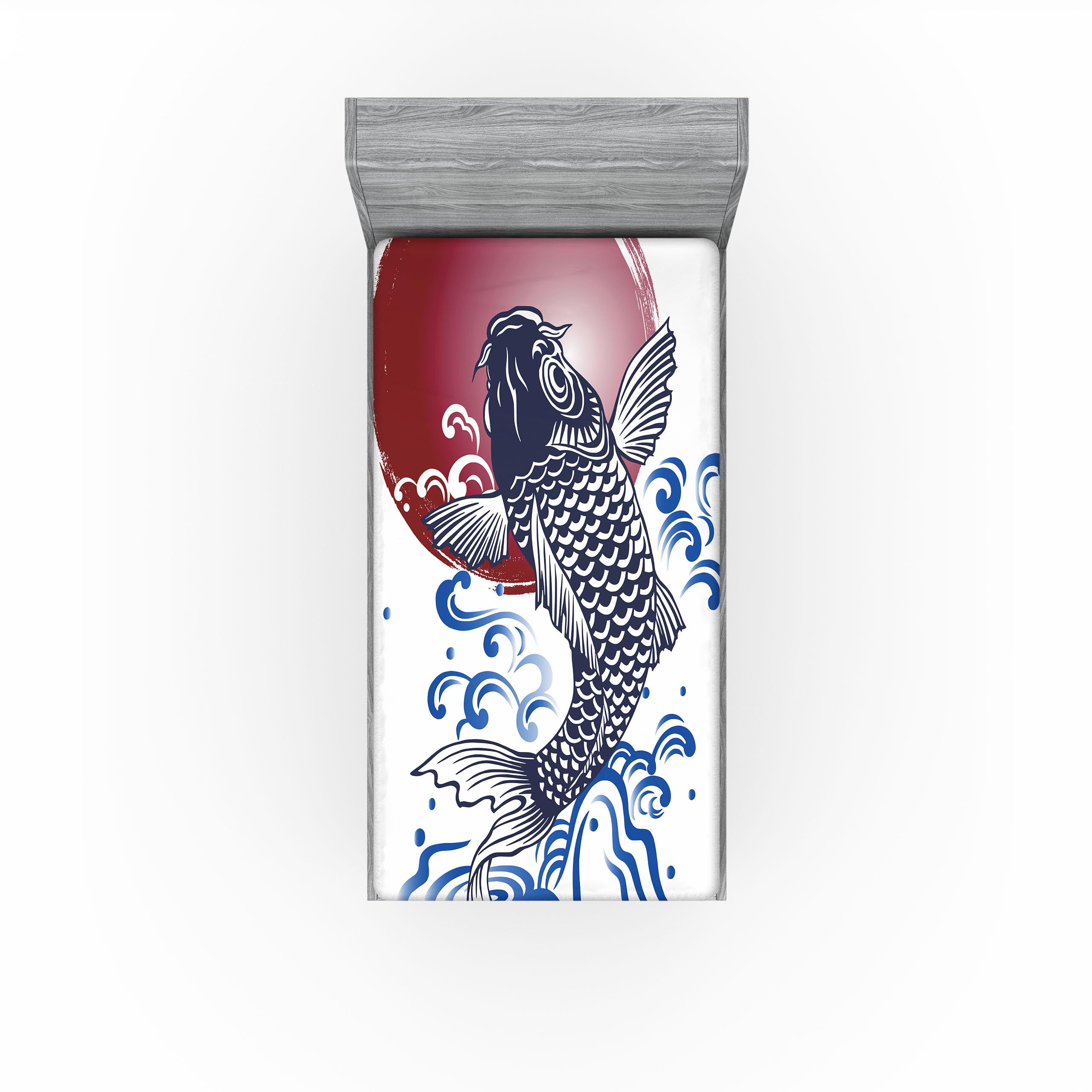 Ambesonne Japanese 2 Pack Fitted Sheet, Carp on Flag, Bed Cover All-Round Elastic Deep Pockets 2 Pieces, Package Contains 2 Twin Size Fitted Sheets, White