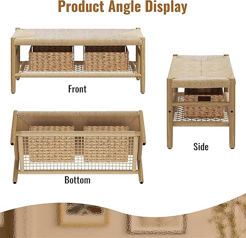 Miniatura 9 de Recaceik Banco de entrada interior con cordón de papel otomano y estante de almacenamiento de rejilla y 2 canastas, banco largo de mediados de siglo