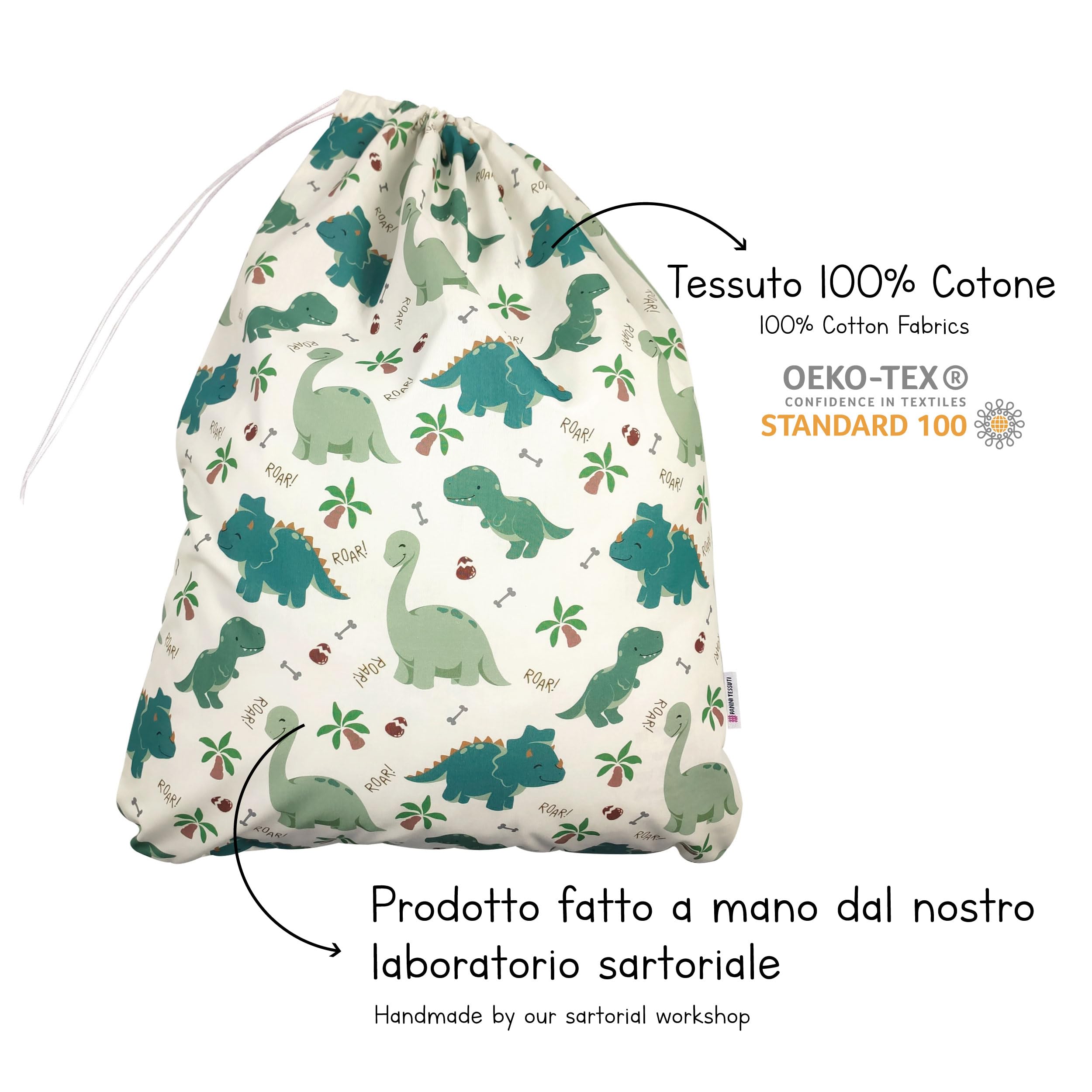 Sacchetto per il cambio asilo nido Panini Tessuti 100% Cotone 34x44 cm Dinosauri