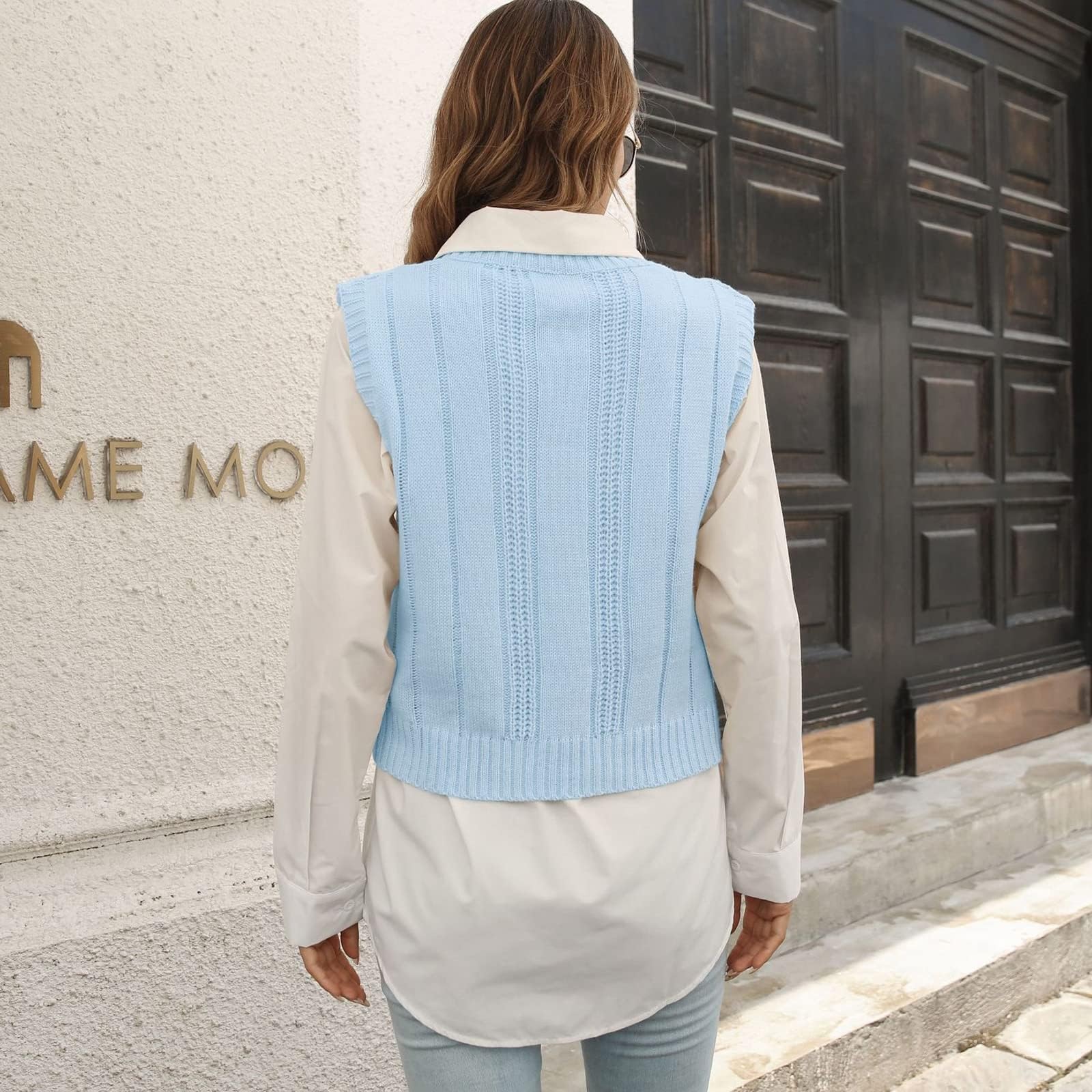 Gilet Maglione a Righe da Donna Classico Scollo a V Gilet Lavorato a Maglia a trecce Pullover Senza Maniche Canotte a Coste