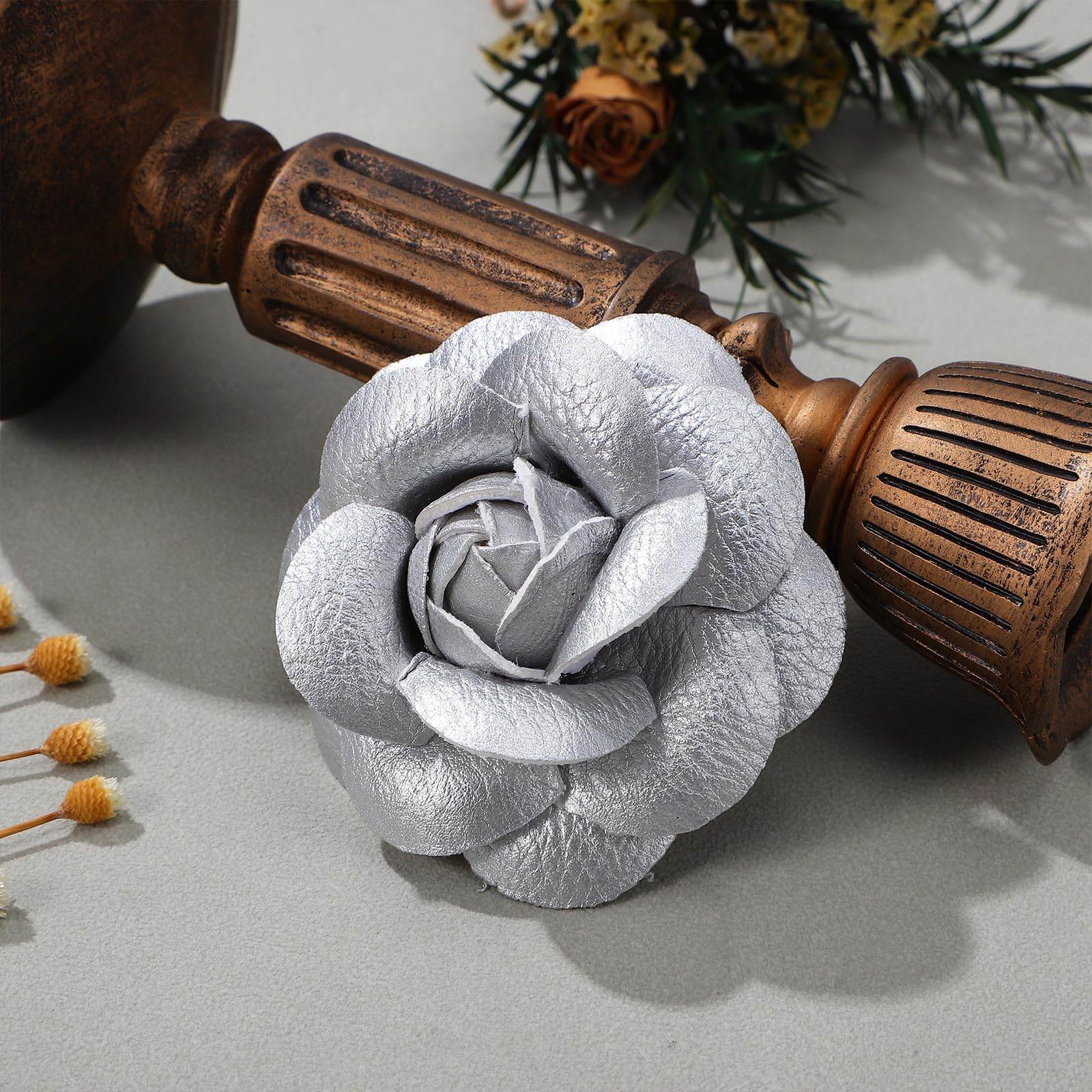 VALICLUD 2PCS Silver Leather Rose Flower Shoe Clips with 6.5cm Duckbill Brooch Pins Satin Fabric Shoe Jewelry Clips for Heels and Flats Removable Floral Footwear Charms — view 6