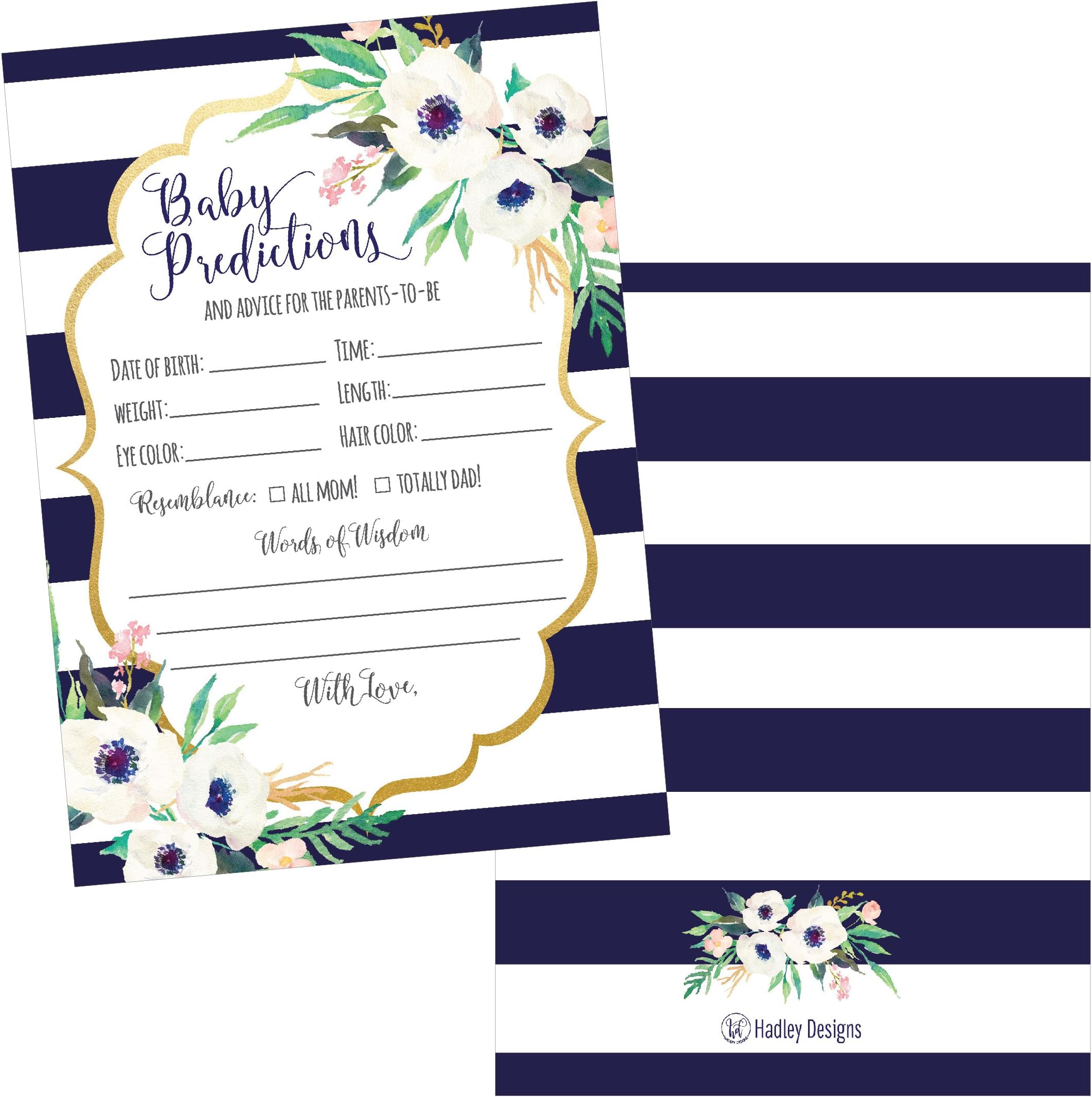 50 Navy Floral Advice and Prediction Cards for Baby Shower Game, New Mom & Dad Card Mommy & Daddy To Be, For Girl or Boy Babies New Parent Message Advice Book, Fun Gender Neutral Shower Party Favors
