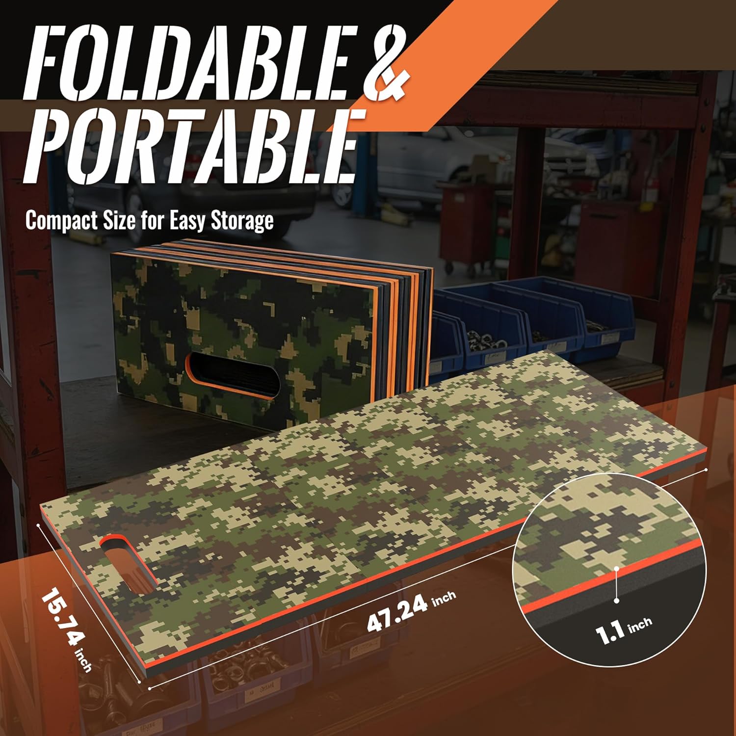 Foldable EVA Utility Mat with Handle, Heavy Duty Mechanic Mat for Kneeling, Workouts, Garages, Gardening, Camping, Picnics, Outdoor Adventures and Home Gyms-Camouflage