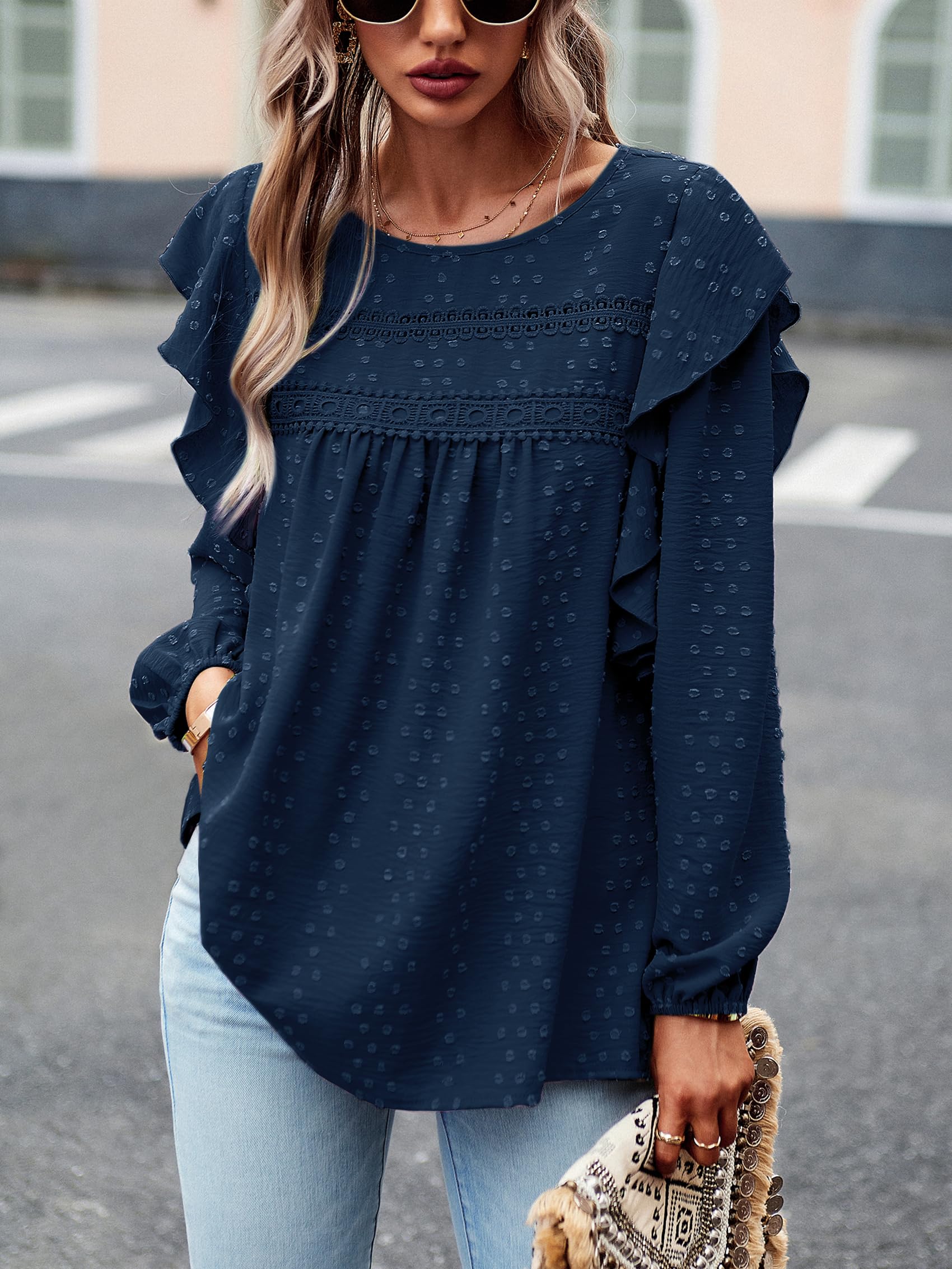Blusas Túnicas para Mujer Elegante Mangas Volantes Swiss Dot Encaje Frente Plisado Streetwear Cuello Redondo Blusa Camisera
