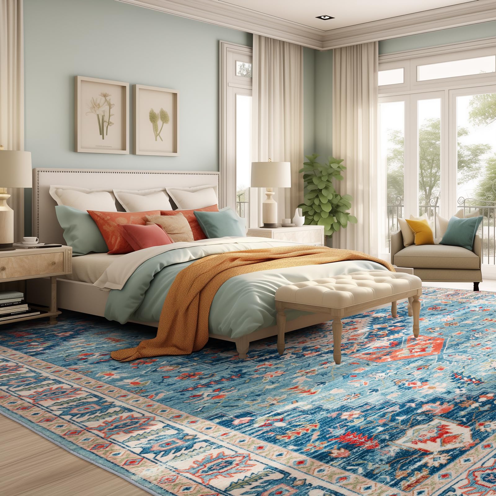 QBSM Washable Area Rug 9x12 Large Living Room Rug Indoor Non-Slip Low-Pile Throw Carpet Tribal Ultra Soft Rug for Dining Room Bedroom Farmhouse Office, Blue/Multi/Red