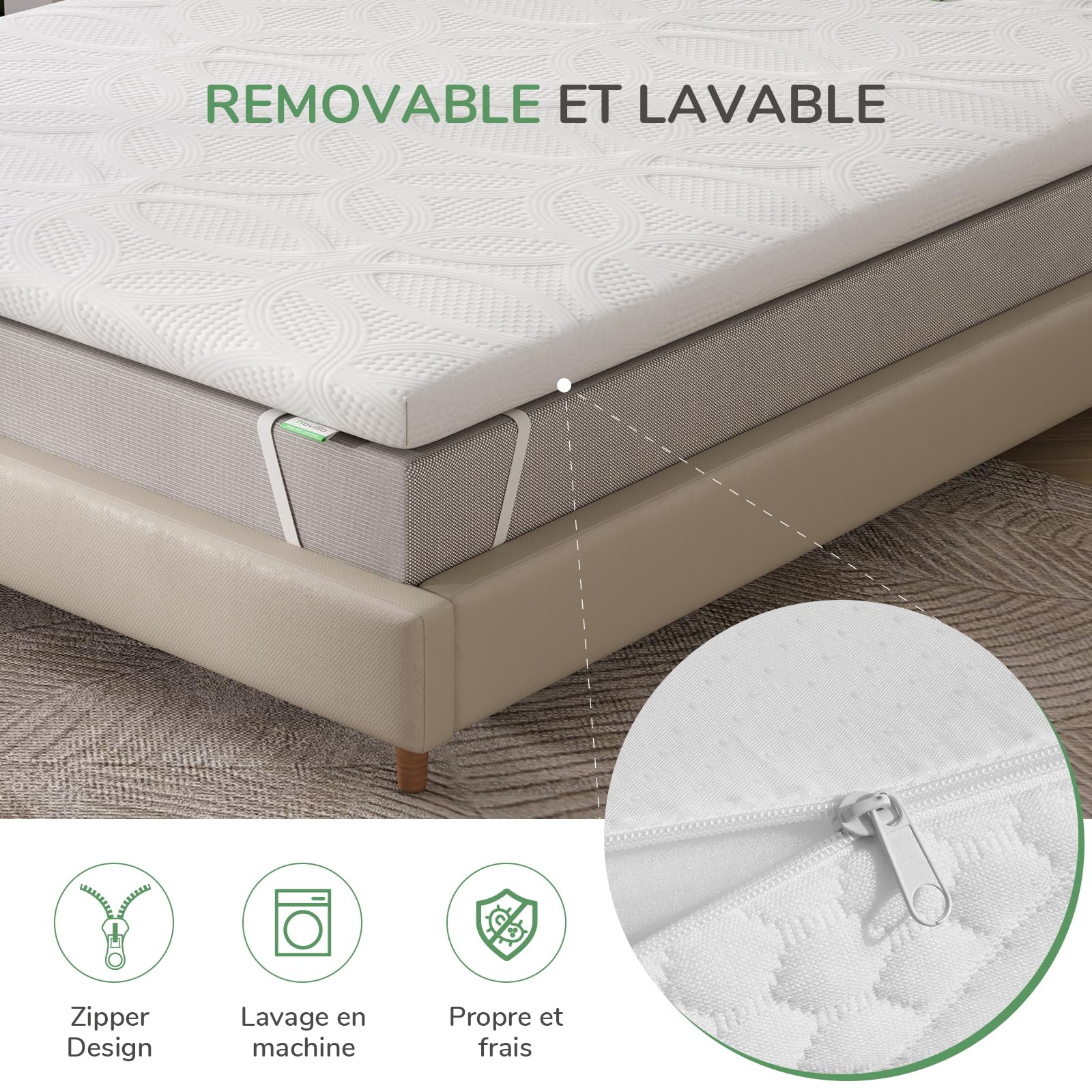 Novilla Surmatelas 120 X 190 CM, Surmatelas en Mousse à Mémoire de Forme Gel, Épaisseur 7,5 CM, avec Design Antidérapant et Certification de Sécurité, sans Odeur, Housse Lavable