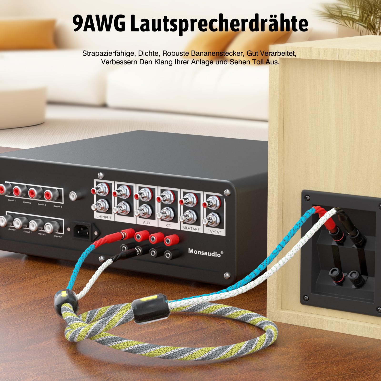 Cable de altavoz de alta gama de cobre sin oxígeno, 2 x 6,3 mm² (9 AWG) latón chapado en oro, cable de altavoz (un par) (3 M/9,9 ft)