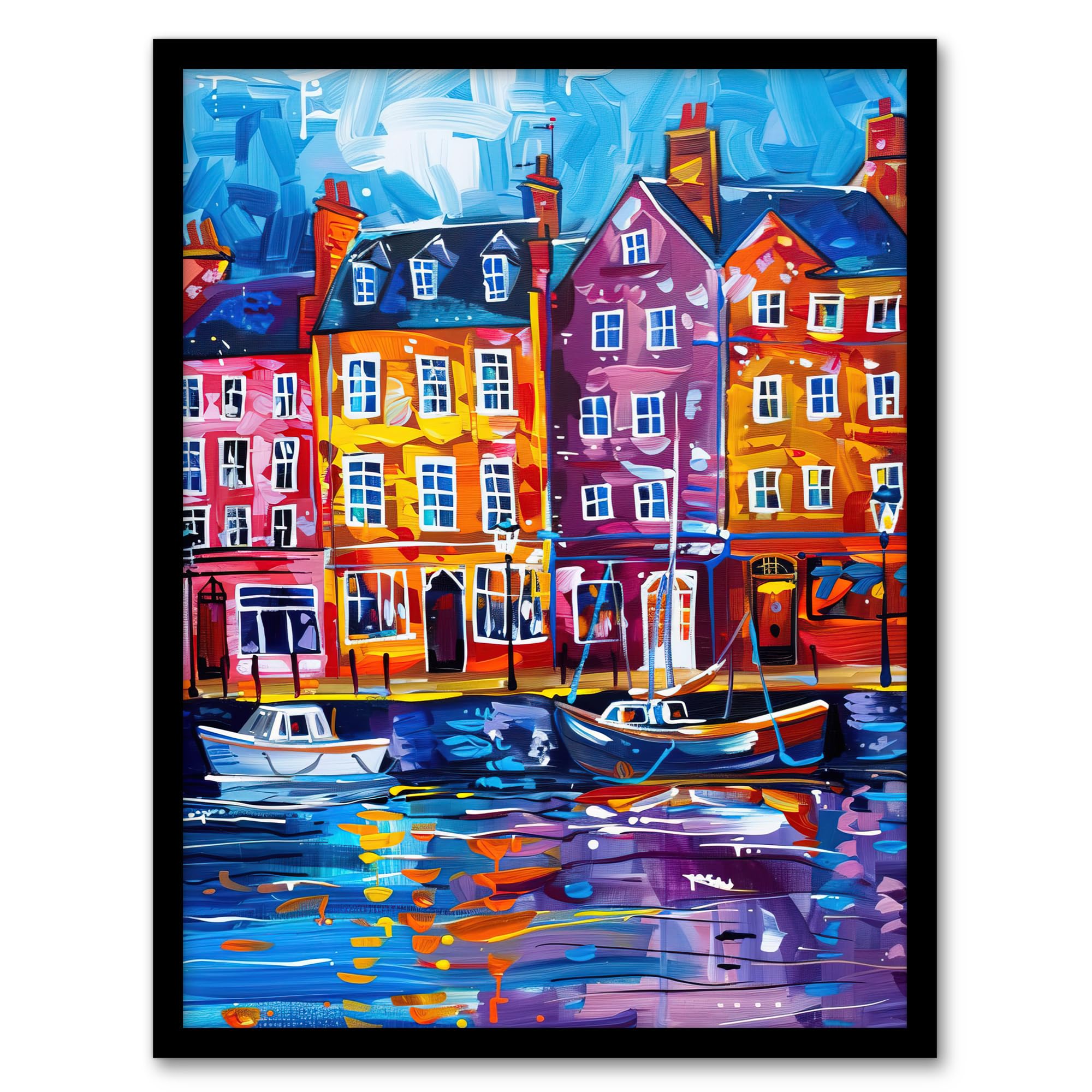 Artery8 Colourful Scarborough Harbour Yorkshire Painting Living Room Artwork Framed Wall Art Print 18X24 Inch