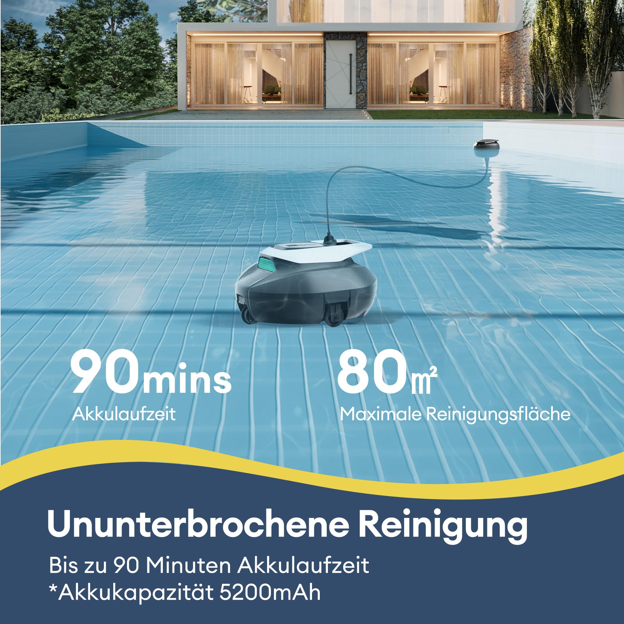 Ultenic Pooleco 10s Poolroboter, Poolroboter Akku mit 3 Motoren, 90Min, 80㎡, Fernbedienung und App-Steuerung, Automatisches Parken, Geeignet für alle Arten von Schwimmbadoberflächen