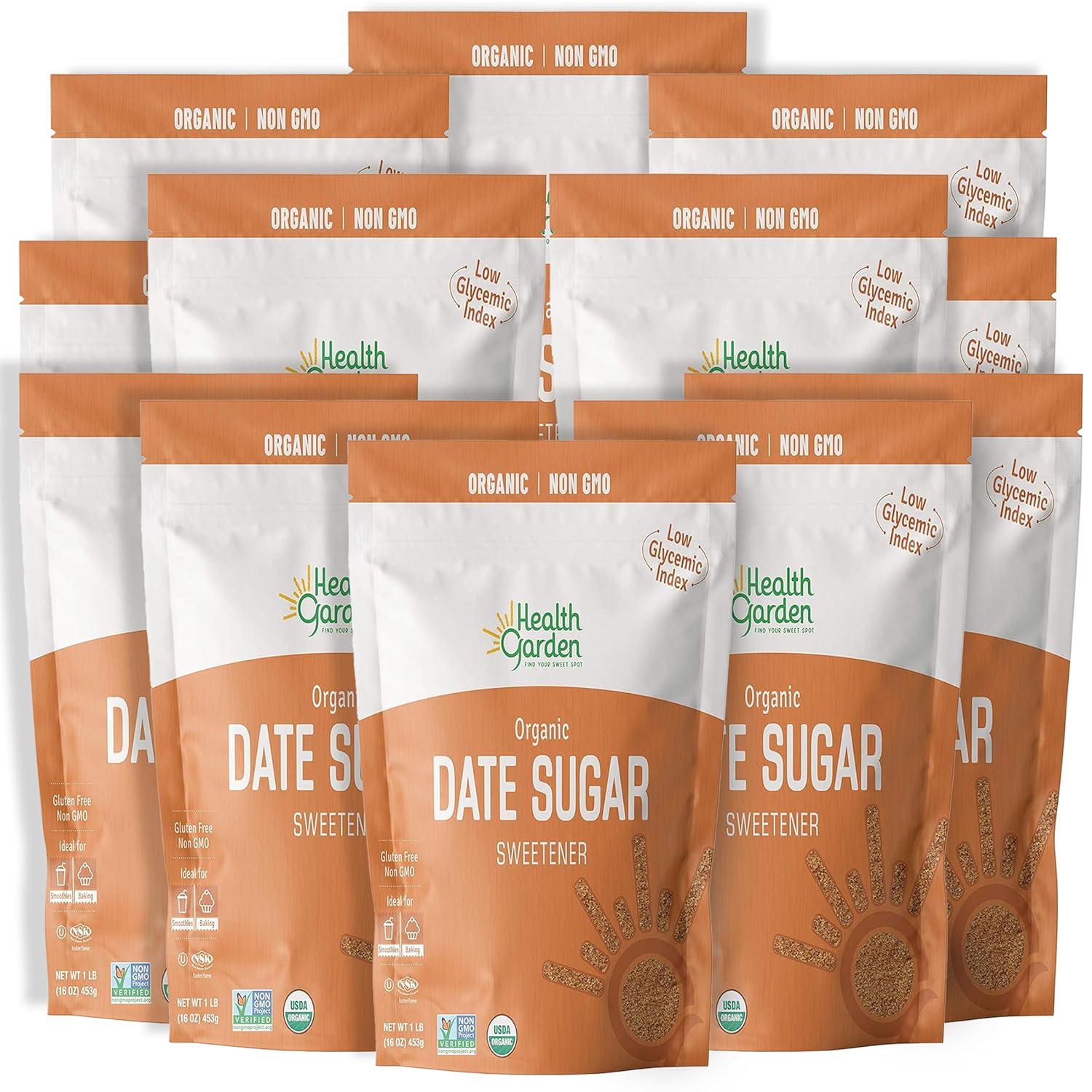 Health Garden Date Sugar, 16 Oz x 12, Organic Date Sugar Sweetener, All-Natural Dried Ground Dates, Rich in Vitamins and Minerals, No Gluten, Non-GMO, Low Glycemic Sugar Substitute (1 Lb. pack of 12)