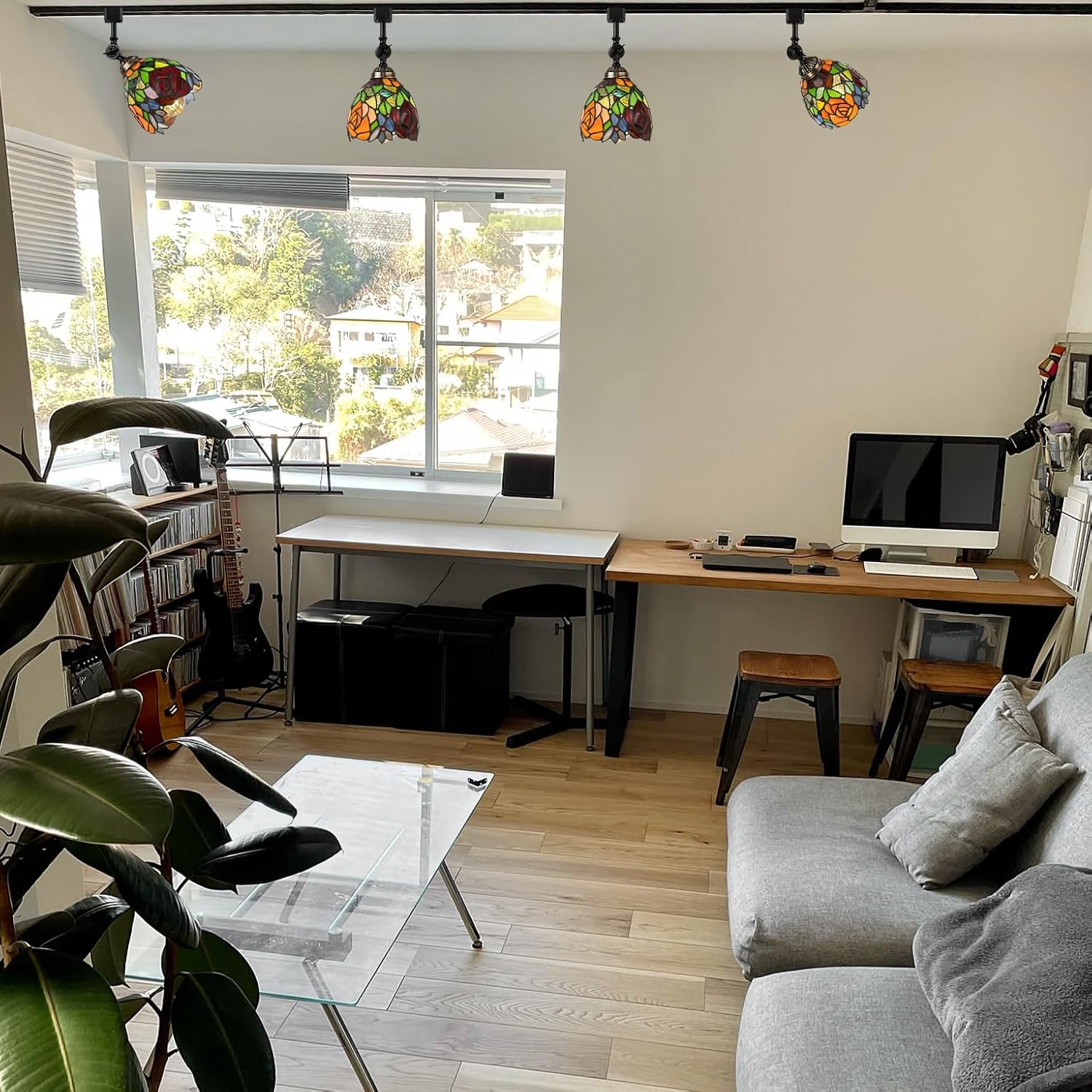 Kiven ライティングレール ダクトレール用 アンティークステンドグラス ランプシェード バラ模様 和洋室対応 E26口金 電球別