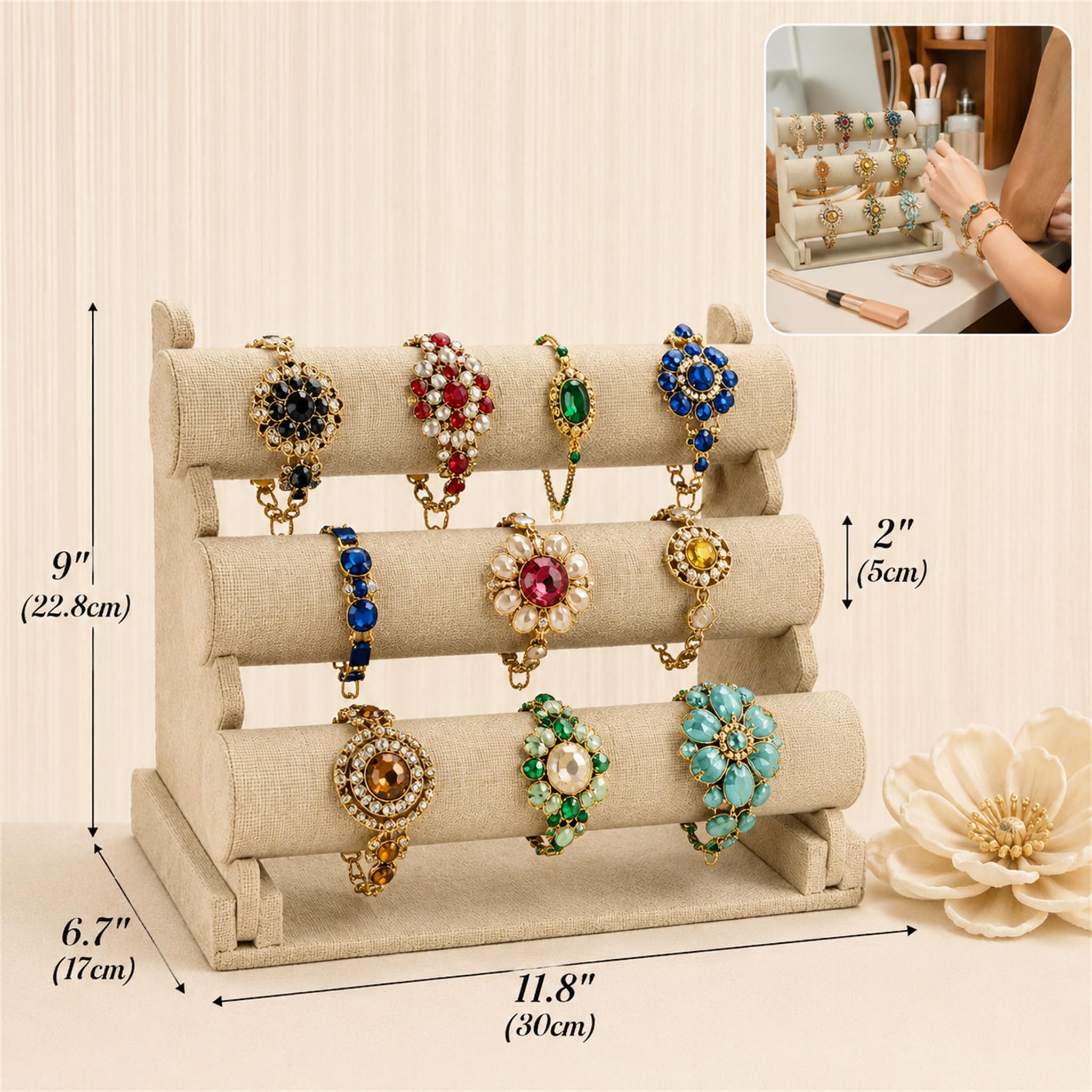 Okllen Support de bracelet à 3 niveaux, organisateur de bijoux, présentoir à bijoux amovible pour montre, collier, boucles d'oreilles, bandeau à cheveux, lin