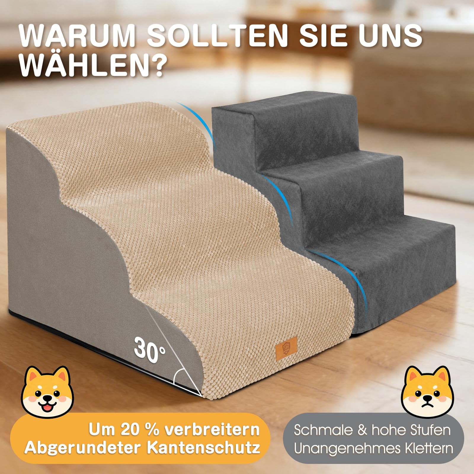 Escalera para perros pequeños, 3 niveles, lavable de esponja densa, impermeable y antideslizante, 60x40x40 cm