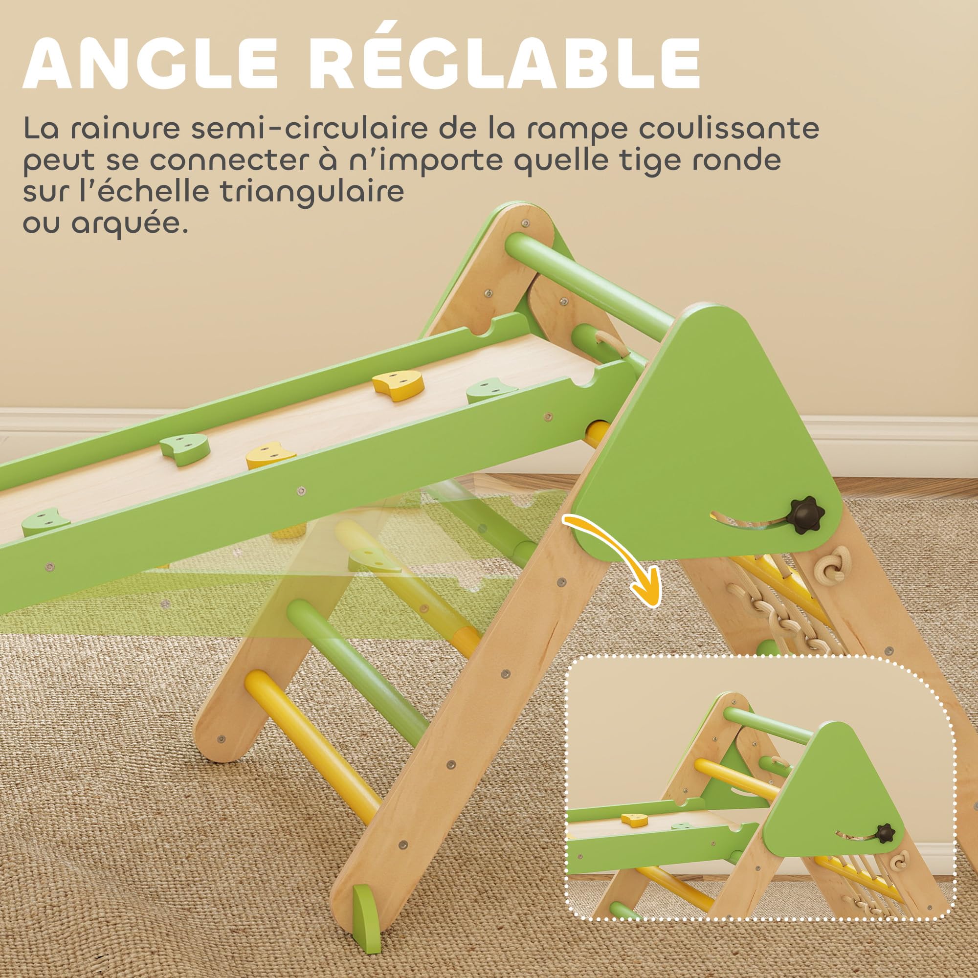 AIYAPLAY 8 en 1 Triangle d'escalade Enfants Rampe Double Face Vert | Arc d'Escalade Bois Peuplier, Toboggan & Échelle, Glisser ou Grimper, Parcours Motricité Enfant 18 à 48 Mois, Charge 50 kg