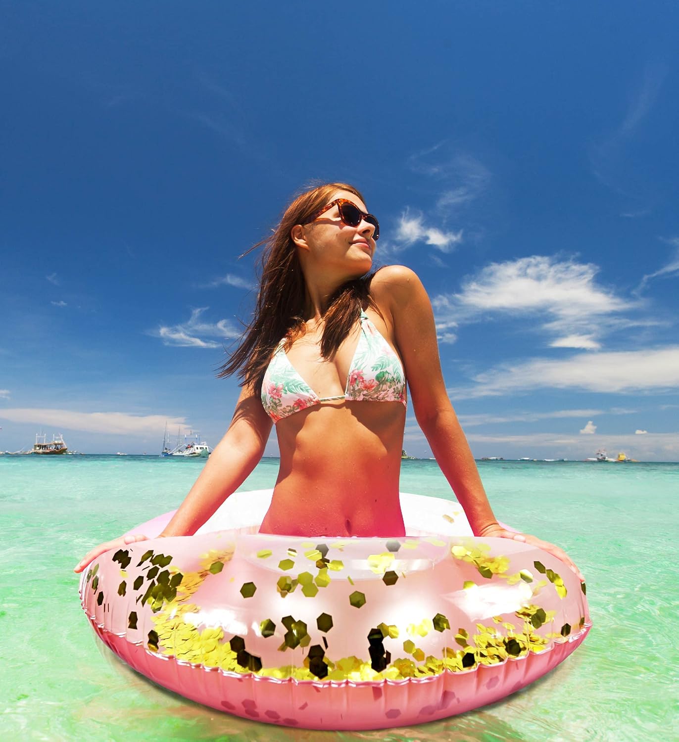 POZA Inflatable Full House Bundle - Premium Luxurious Sparkle Confetti 36" Pool Float Tube, 16" Beach Balls, 74" Pool Noodles, 48" Pool Chair, and 56" Water Hammock - 7 Pieces Pack