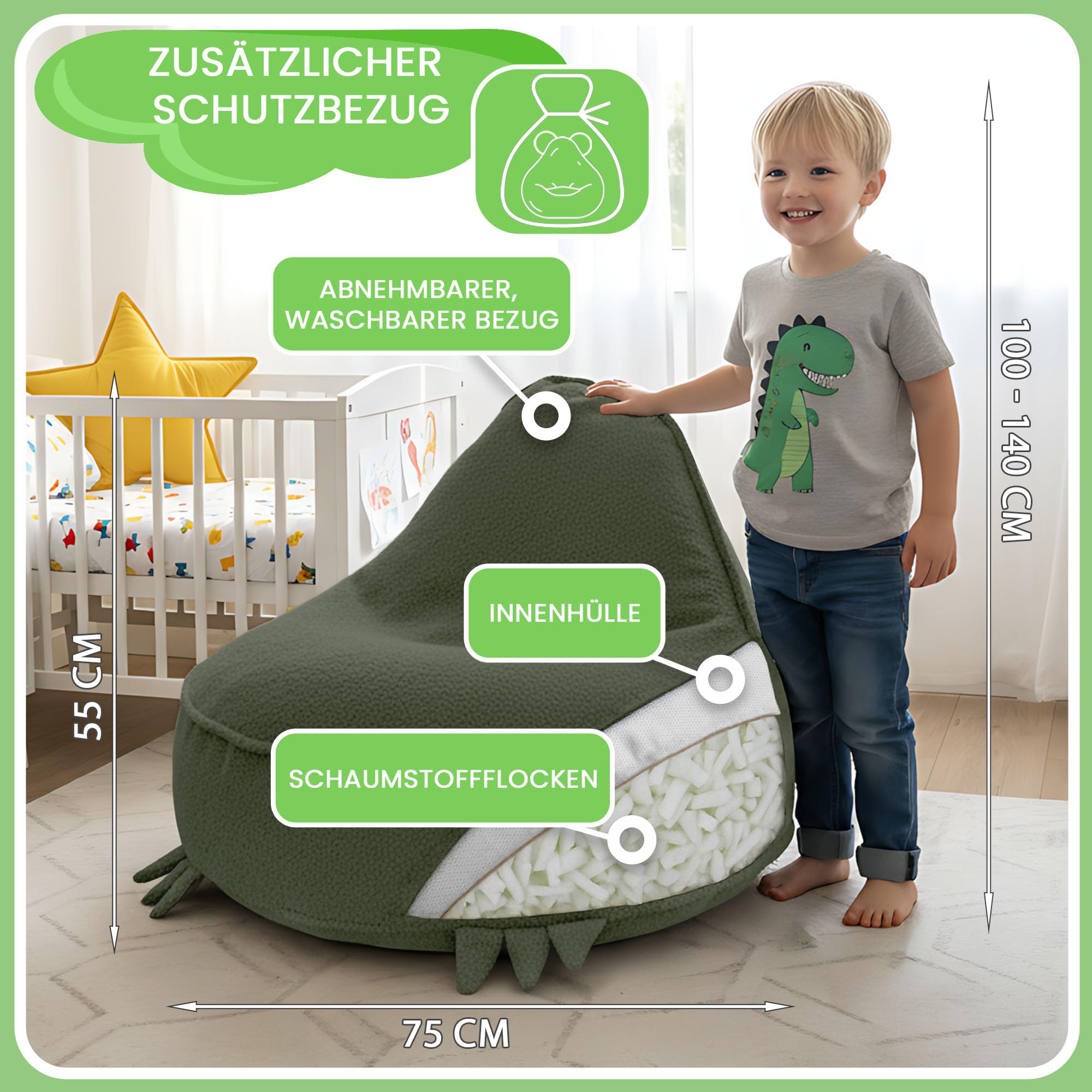 DreamRoots Sitzsack Kinder Dino Form - Kindersessel 315 g/m² Weicher Bouclé Oeko-TEX mit Schaumstoffflocken - Sessel Kinderzimmer, Waschbarer Bezug, Dunkelgrün