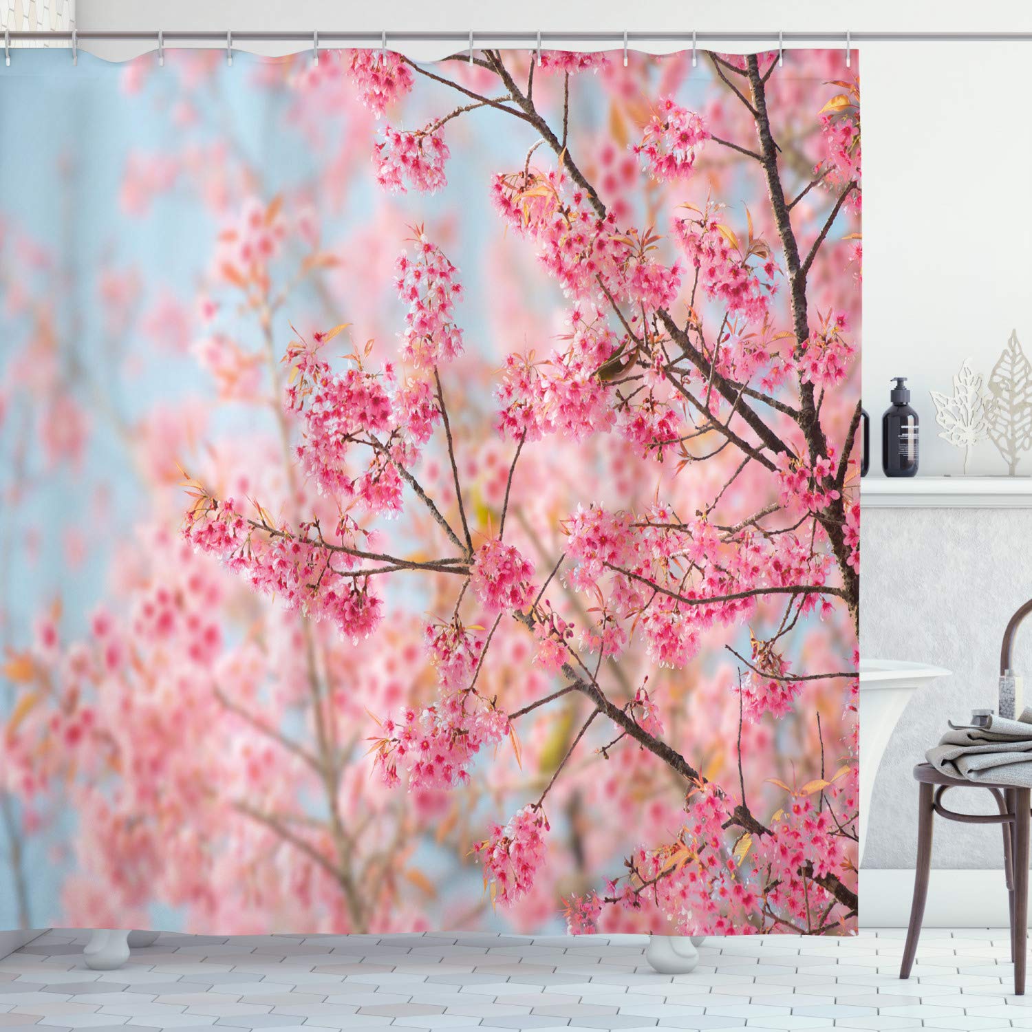 ABAKUHAUS Floral Shower Curtain, Japanese Sakura Cherry Blossom Branches Full of Spring Beauty Picture