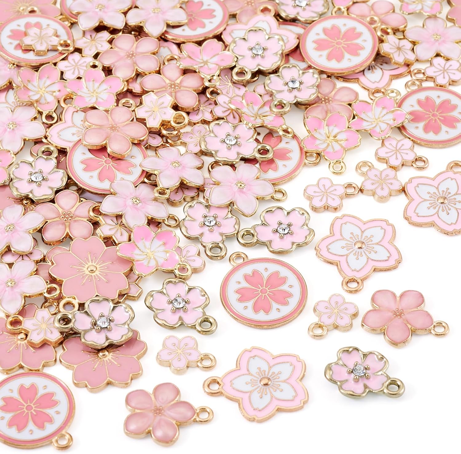 KISSITTY 100Pcs Light Gold Alloy Enamel Charms Cherry Blossom Flower Charm Bulk Gold Plated Pendant Cute Small Floral Dangle Charms for DIY Jewelry Making Kit Bracelet Necklace Keychain Crafts - Image 2