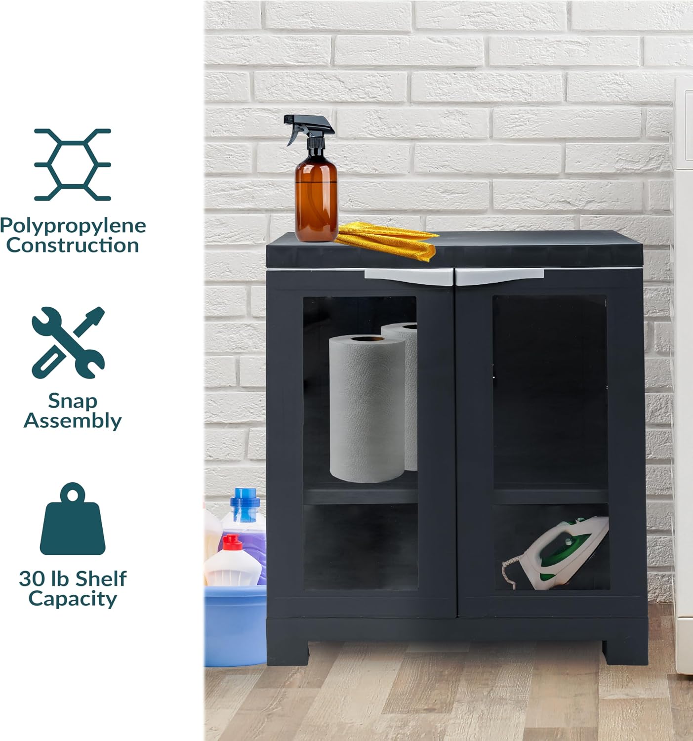 Sunnydaze 25.5" H Resin Garage Storage Cabinet - Garage Cabinet with 2 Acrylic Glass Doors - Freestanding Utility Storage for Laundry Room, Office, Basement - Charcoal