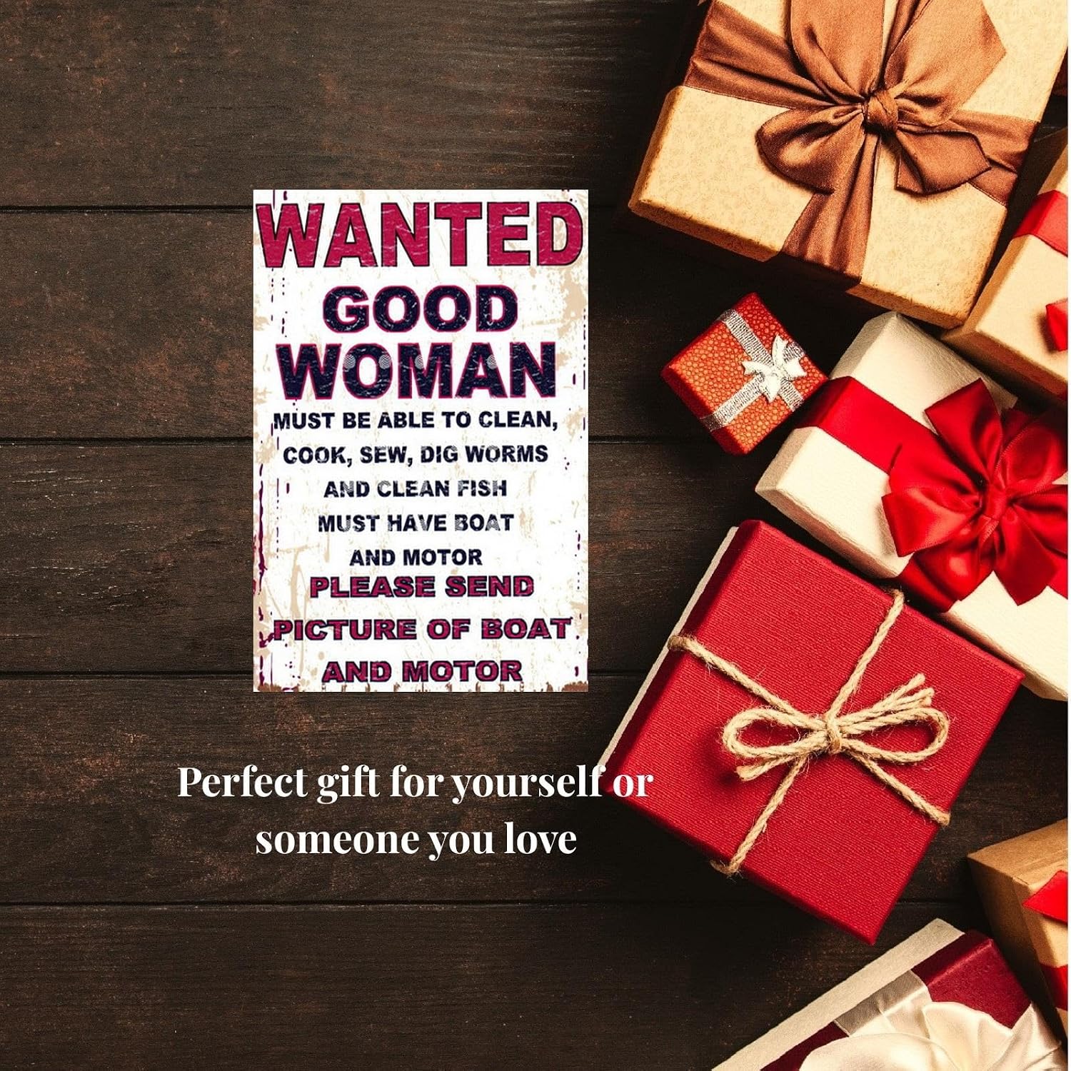 Retro Funny Tin Sign Metal Poster Vintage Wall Décor, Wanted Good Woman Must Have Boat and Motor, Humor Wall Art Decor Cute Decorations Gifts for Home Bar Garage Room Plaque 8x12 Inch image 2