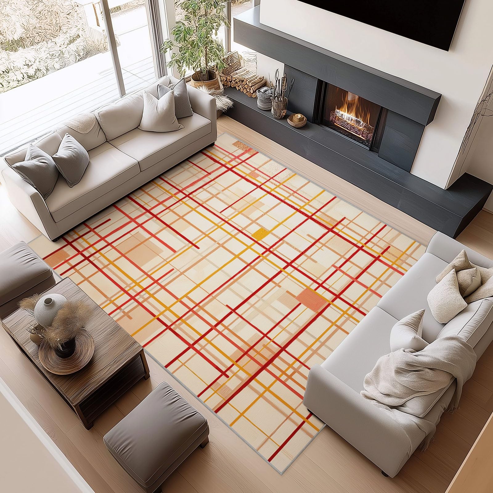 Beige Flanell Teppich 100 x 160 cm Gitterlinien Waschbarer Teppich, Geometrischer Hintergrund rutschfest Bedruckter Teppiche für Wohnzimmer Kinderzimmer Spielzimmer Esszimmer und EIN