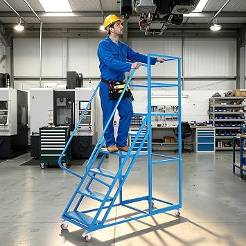 6 Step Ladder with Handrails, Rolling Library Ladder with 4 Lockable Wheels
