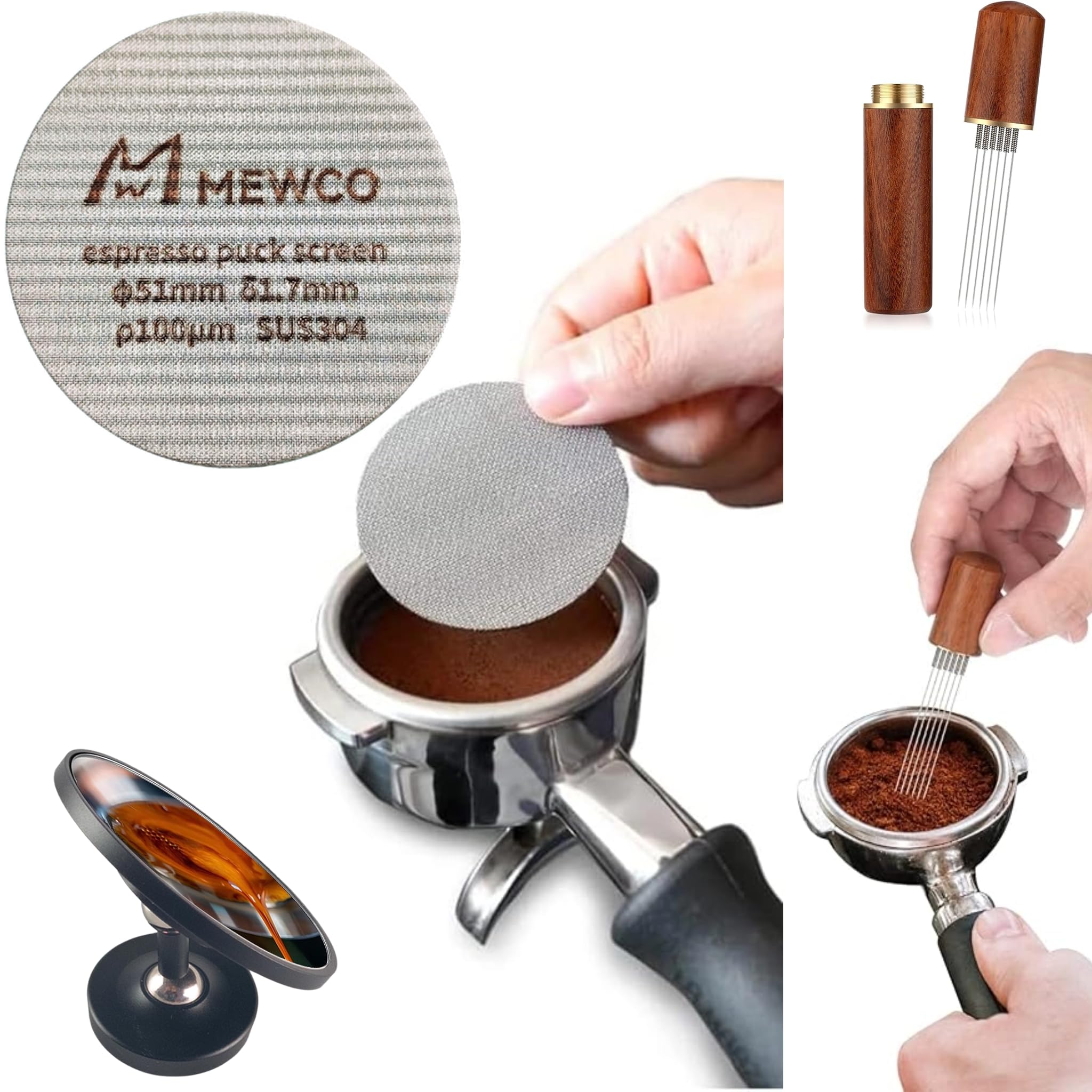 WDT Distribution Tool and 51mm Puck Screen and Espresso Shot Mirror with Magnetic Base for Espresso Coffee?3 in 1 Barista Tools Coffee Making Machine Accessories