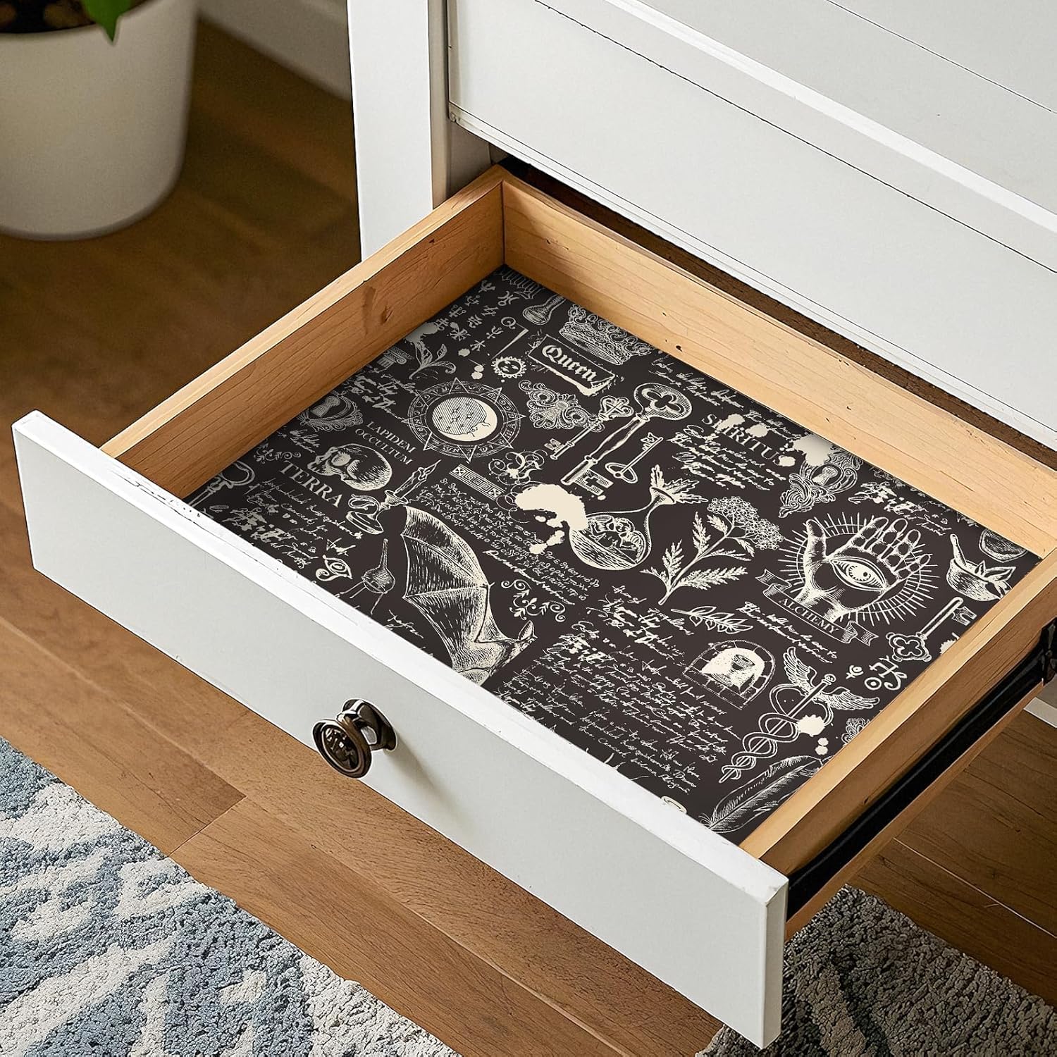 17.5"x475" Dark Brown Gothic Magic Witchy Wallpaper Peel and Stick Waterproof Alchemy Themed Wallpaper for Bathroom Accent Wall Paper Bat Candle Occult Symbols Latin Words Spirit Contact Paper