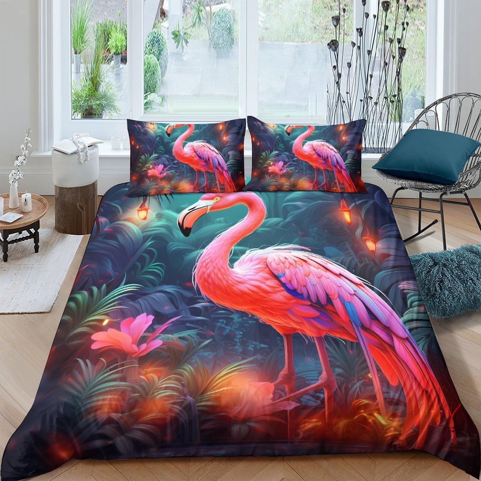 Ctjqhvkz Style-2 3D Printed Flamingo Jungle Fitted Sheet Microfiber Soft Breathable Tropical Bird Mattress Cover For Bedroom Living Room Decor Single（135X200cm）