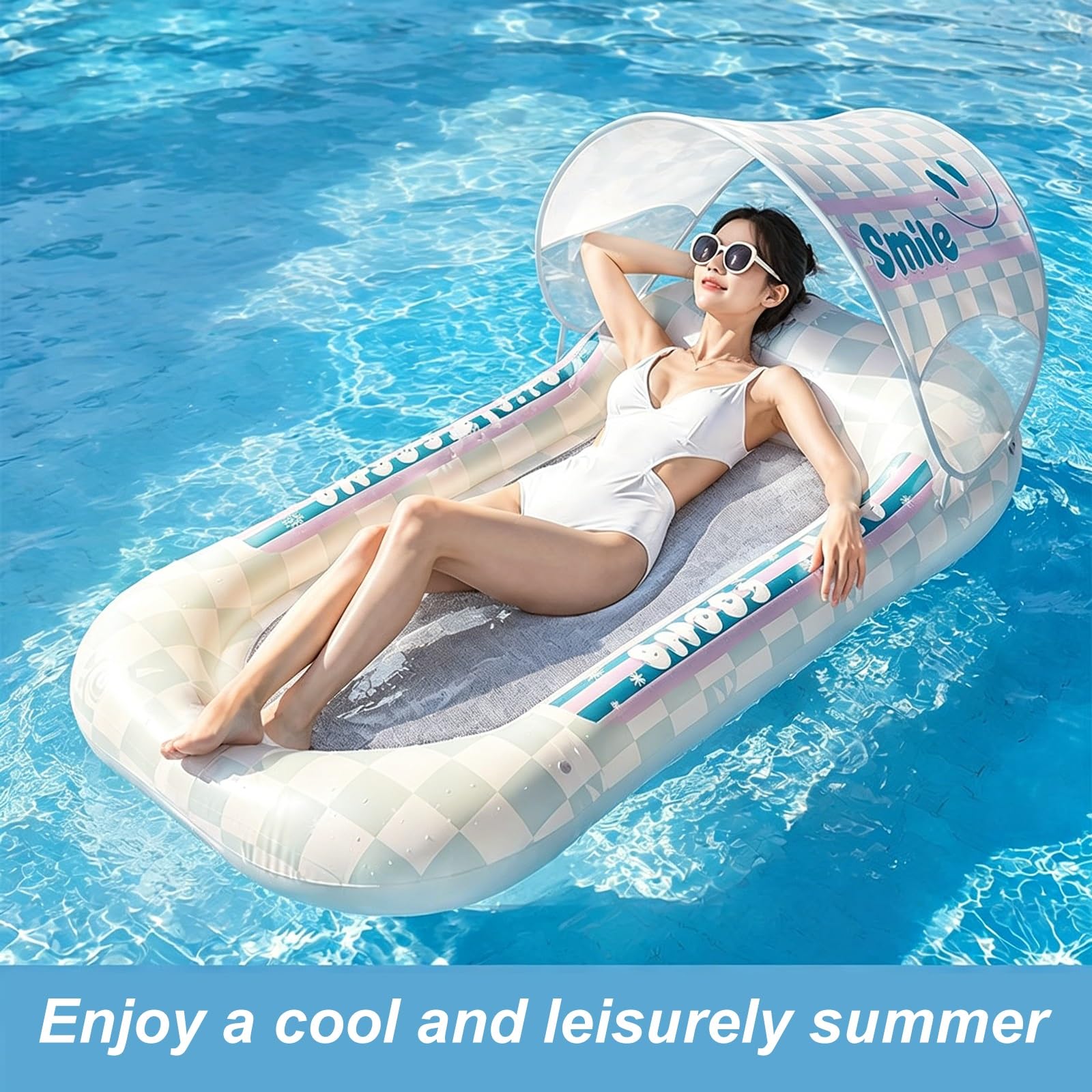 Matelas Piscine, Transat Piscine Gonflable avec Porte-gobelet et Pare-Soleil Amovible, Fond en Filet, Idéal pour la Plage et Les Lacs
