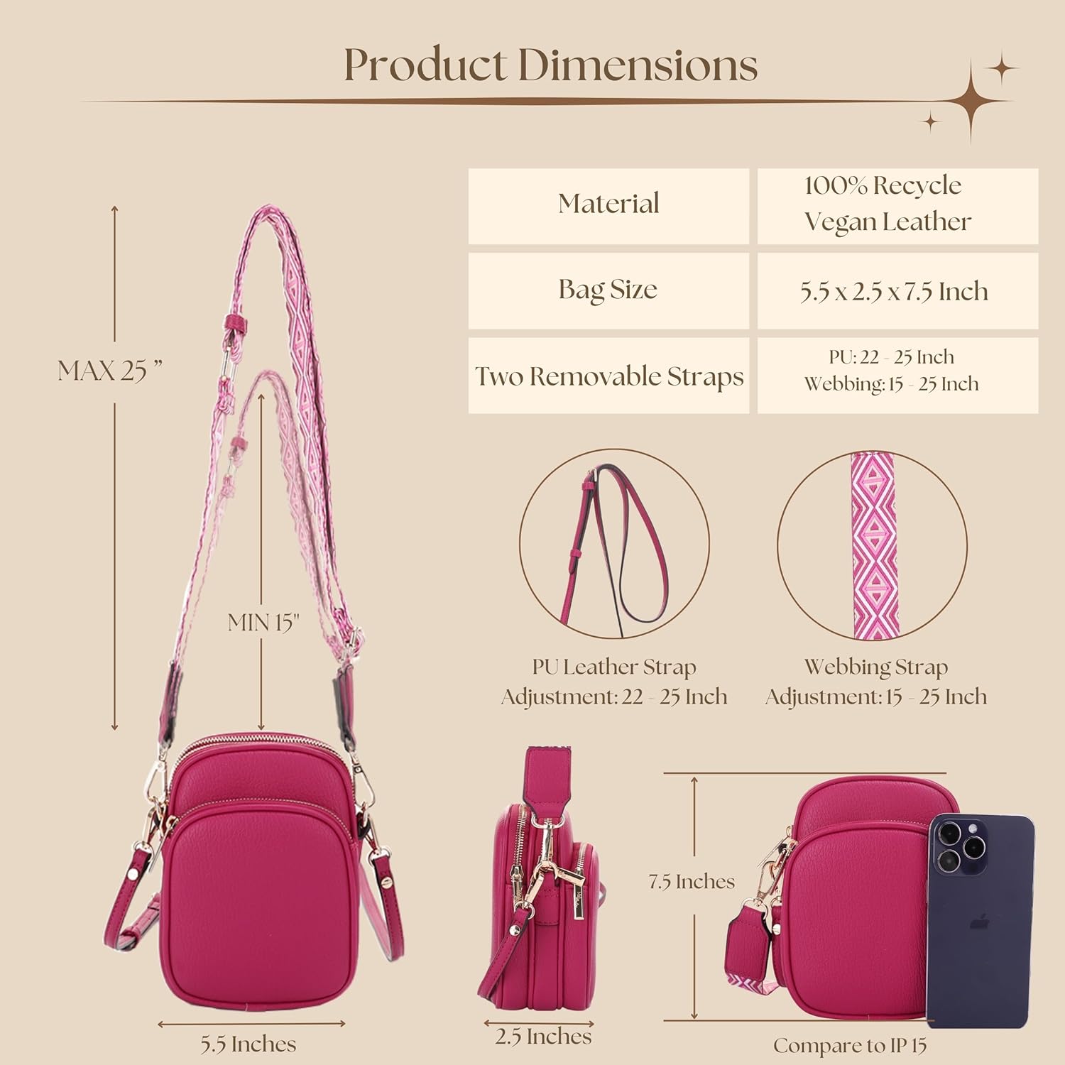 Mali+Lili Small Crossbody Bag for Women, Triple Compartment Shoulder Bag with Double Strap
