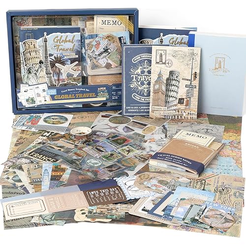 Auguro World Travel Scrapbook Kit A6 Grid Notebook Stationery Junk Journal Kit Scrapbooking Supplies Kit Craft DIY Gift for Adult Teen Girl