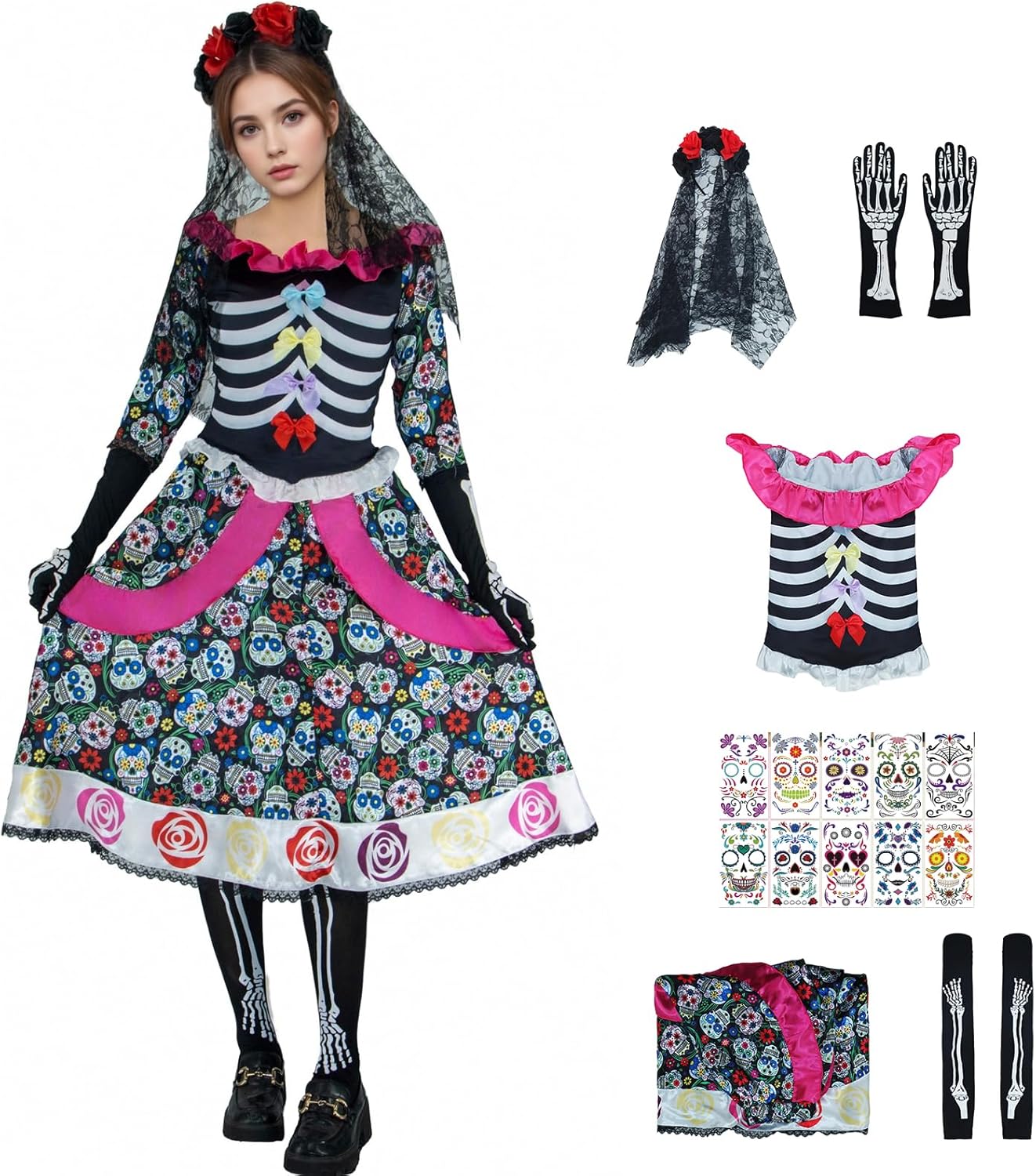 Day of the Dead Costumes for Women Halloween Cosplay Skeleton Flower Dress Face Tattoos Gloves Stocking with Veil