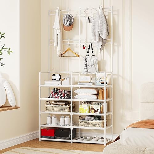 Vista 6 de UDEAR Perchero y zapatero de 5 niveles, perchero de entrada con 9 ganchos, organizador de zapatos de doble fila para sala de estar, dormitorio