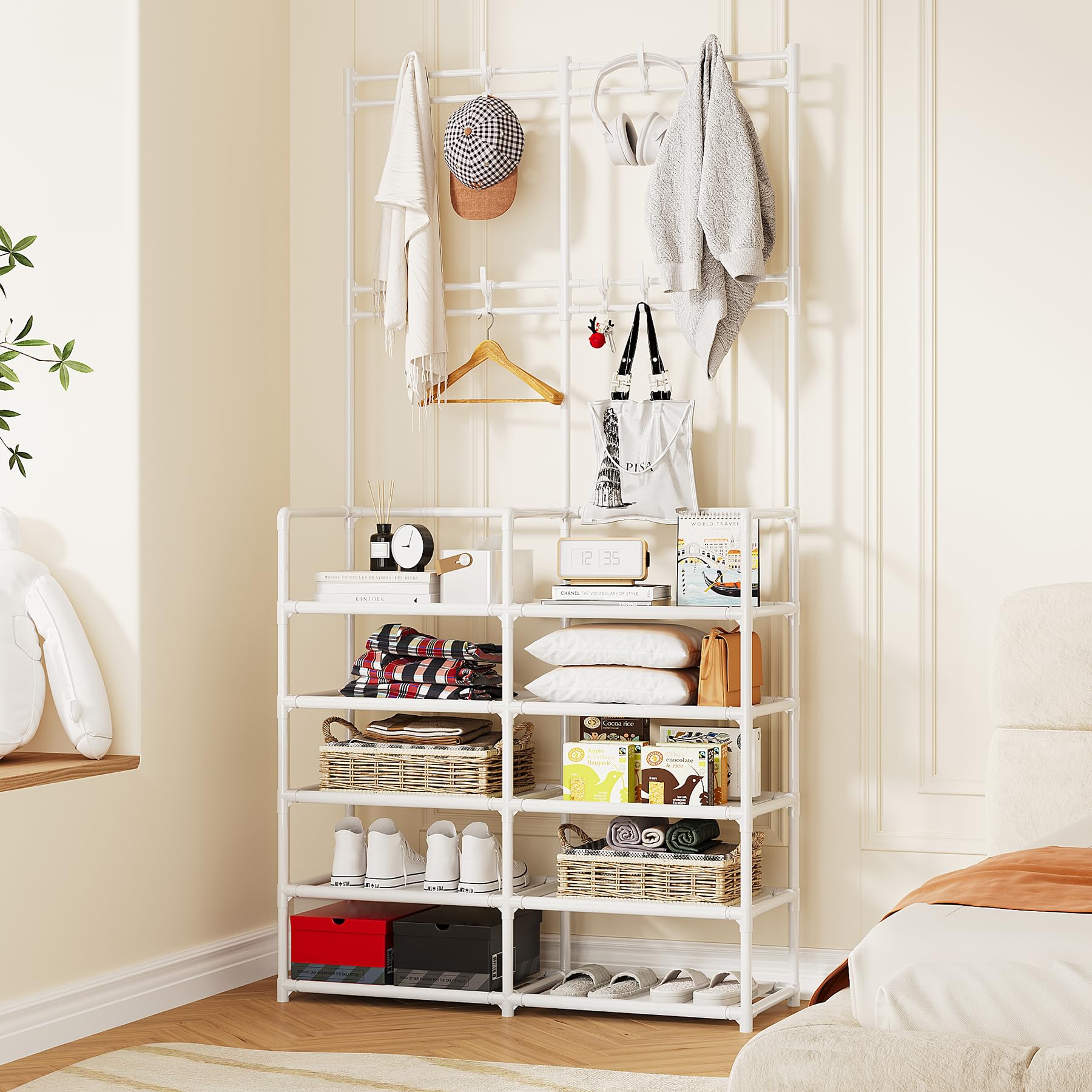 UDEAR 5Tier Coat and Shoe Rack, Entryway Coat rack with 9 Hooks, Double Row Shoes Organizer for