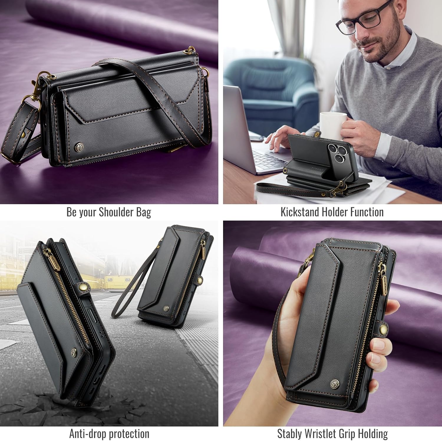 Compatible with iPhone 17 Pro Max Leather Case, [RFID Blocking] Multi-Functional Zipper Wallet Handbag Case with Card Slots Kickstand Crossbody Shoulder Strap Lanyard for Girls Women (Black)