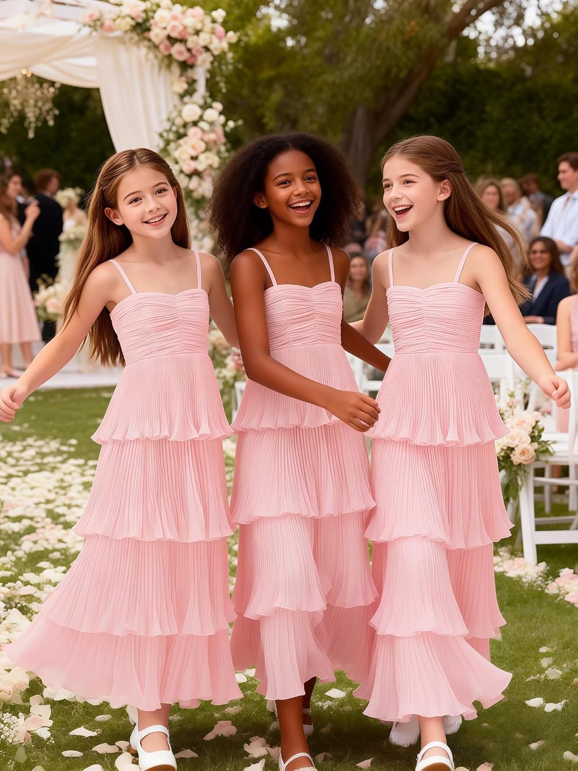 Junior Bridesmaid Dresses Chiffon Pleated Ruffle Tiered Flower Girl Dress for Wedding Pageant Formal Party 6-18Y