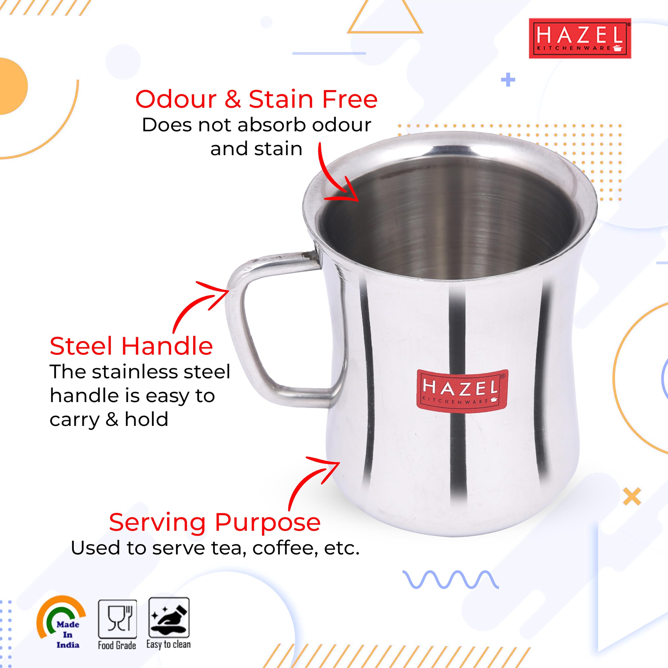 HAZEL Stainless Steel Green Tea Coffee Big Damaru Plain Mug, Set of 6, 200 ml (Each) 1