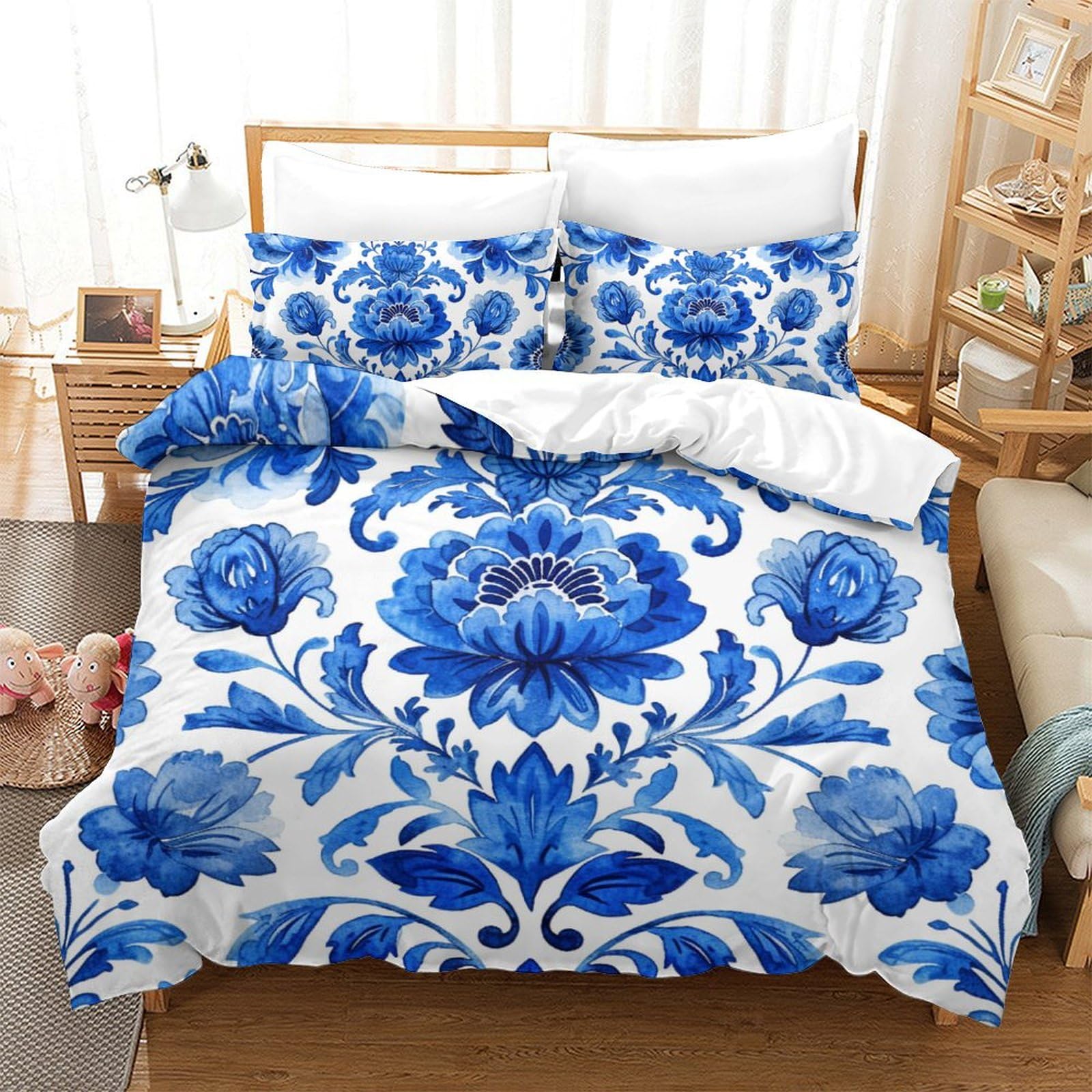 Housse de couette fleurs 3D facile à laver en microfibre avec zip pour lit double enfant