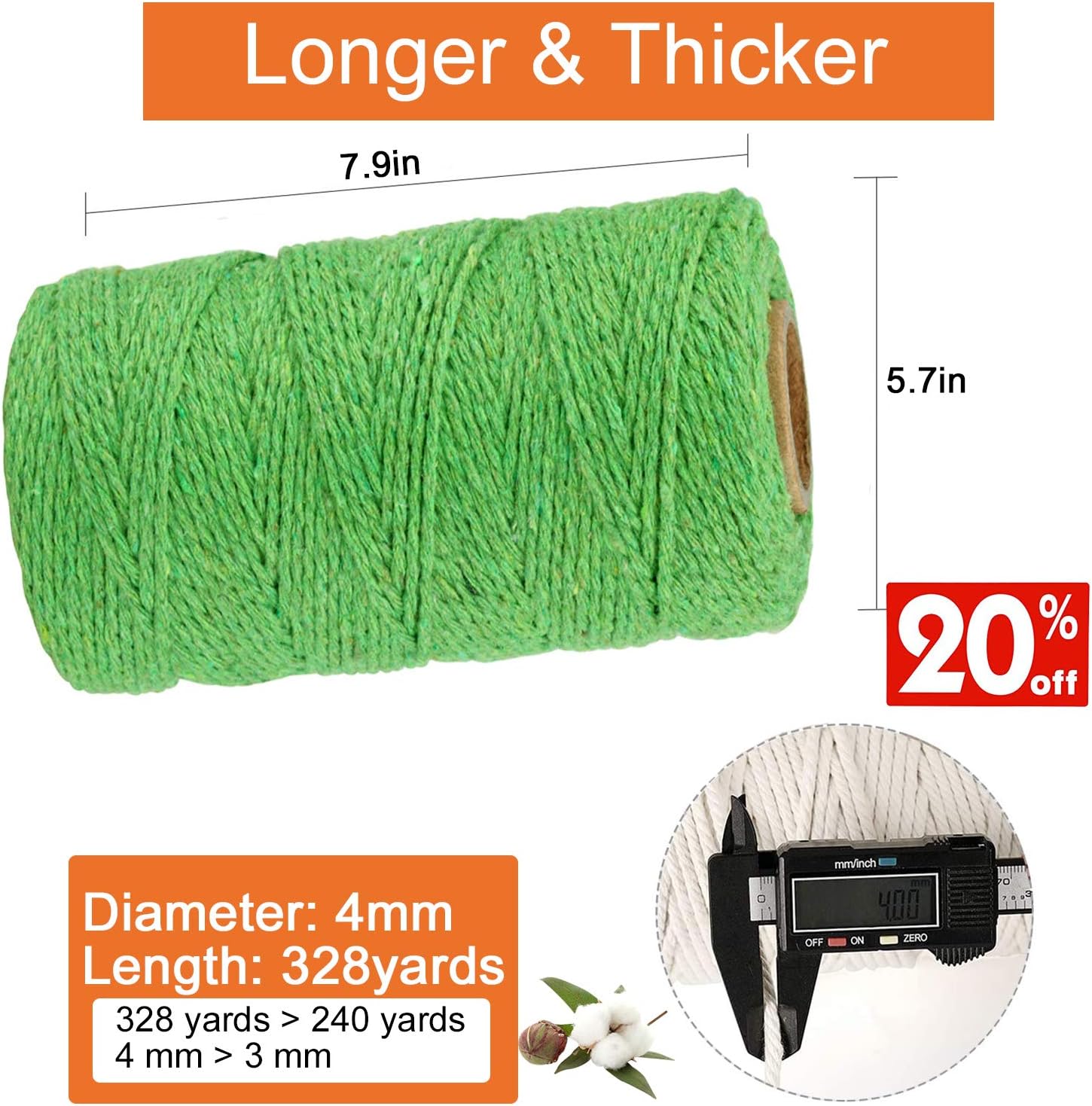 DeeCoo Macrame Cord 4mm x 328yd | 100% Natural Cotton Macrame Rope | 4 Strand Twisted Cotton Cord for Handmade Plant Hanger Wall Hanging Craft Making Bohemia Dream Catcher DIY Craft Knitting (Green)