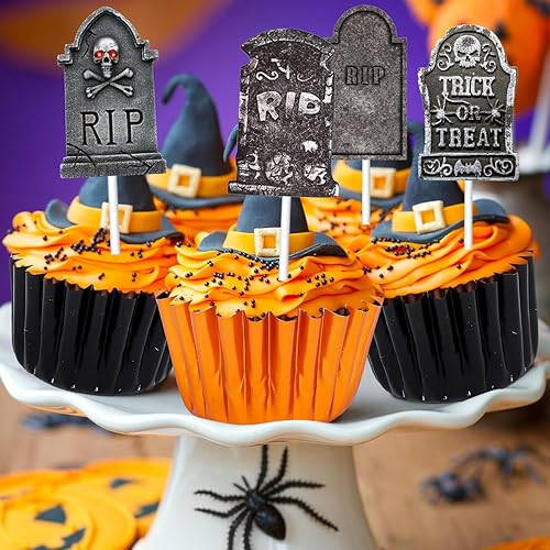 Miniatura 4 de 60 piezas de decoración de cupcakes de Halloween, lápida, cementerio, decoración de cupcakes, decoración de cupcakes de Halloween, palillos de mesa