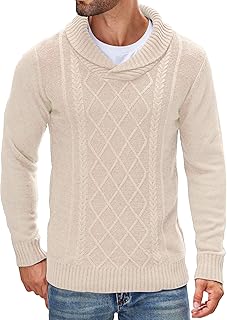 Men's Shawl Collar Sweaters V-Neck Relaxed Fit Cable Pullovers