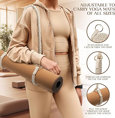 Miniatura 5 de Wunderr Bolsa para esterilla de yoga con juego de correas, bolsas de yoga de macramé boho y transportadores para mujer para alfombras, bloques,
