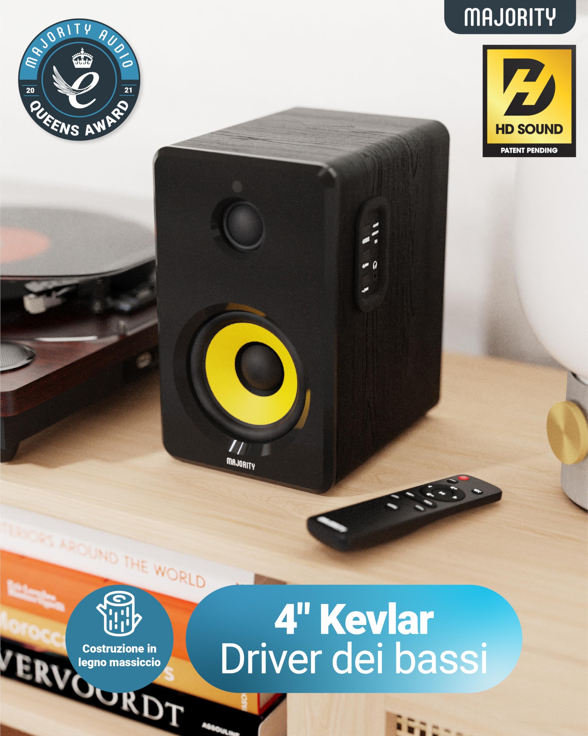 Majority D40X 70W PC Bluetooth Amplificate Attive Casse con Bluetooth | Casse Monitor Studio | Cono Dell'altoparlante Giallo in Kevlar e Cabinet in Legno | Ottico, USB e AUX D40X Audio Bluetooth