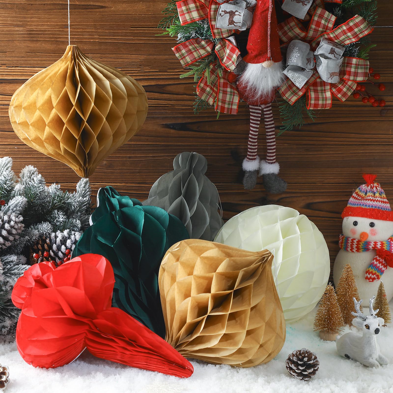 Watersay 10 Pcs Jumbo 10-14 Inch Christmas Honeycomb Paper Ornaments Hanging Xmas Honeycomb Balls Reusable Vintage Christmas Decorations Paper Honeycomb Lantern for Holiday Indoor Tree Party Decor