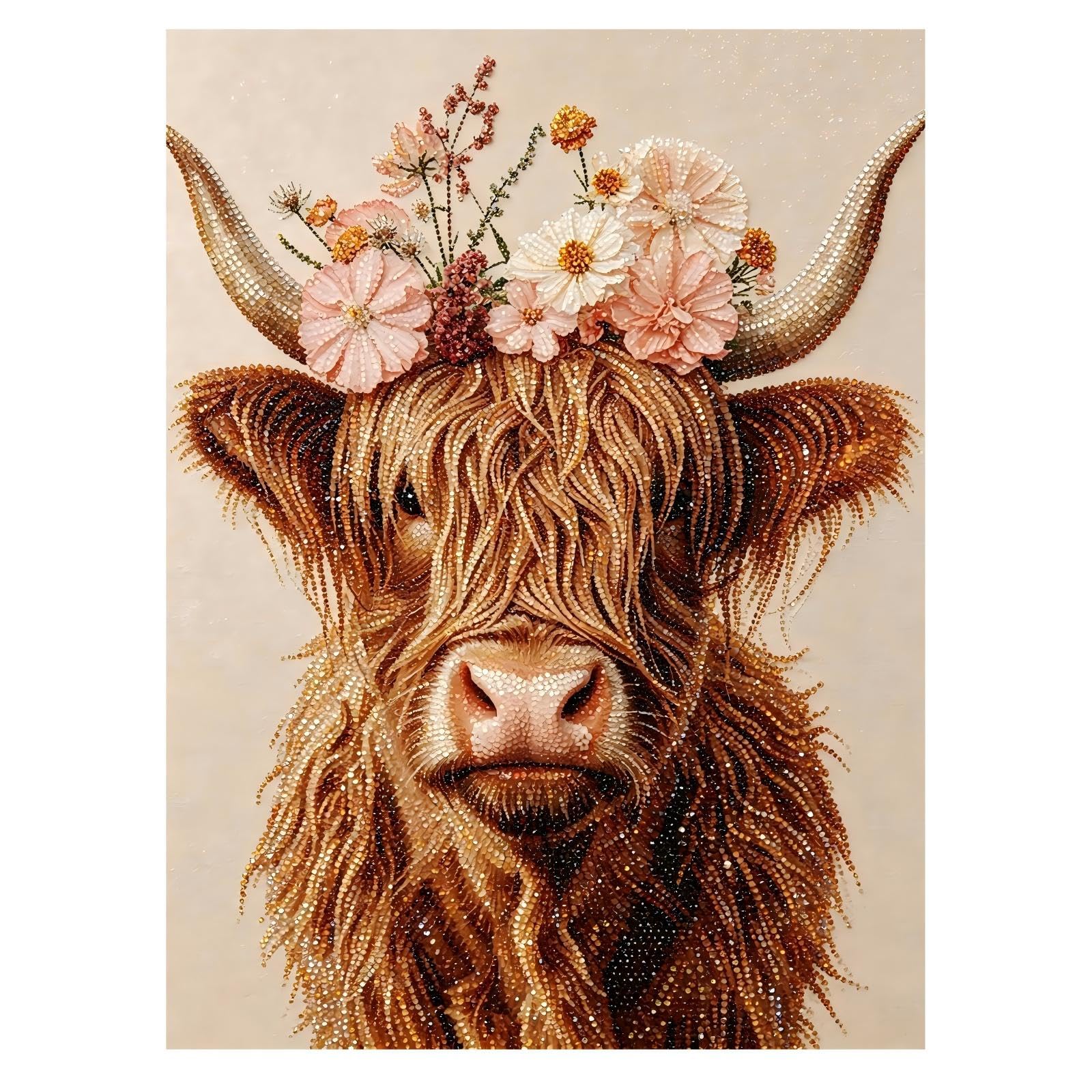 Highland Cow Diamond Art for Adults Beginners, Flower Diamond Painting Kits