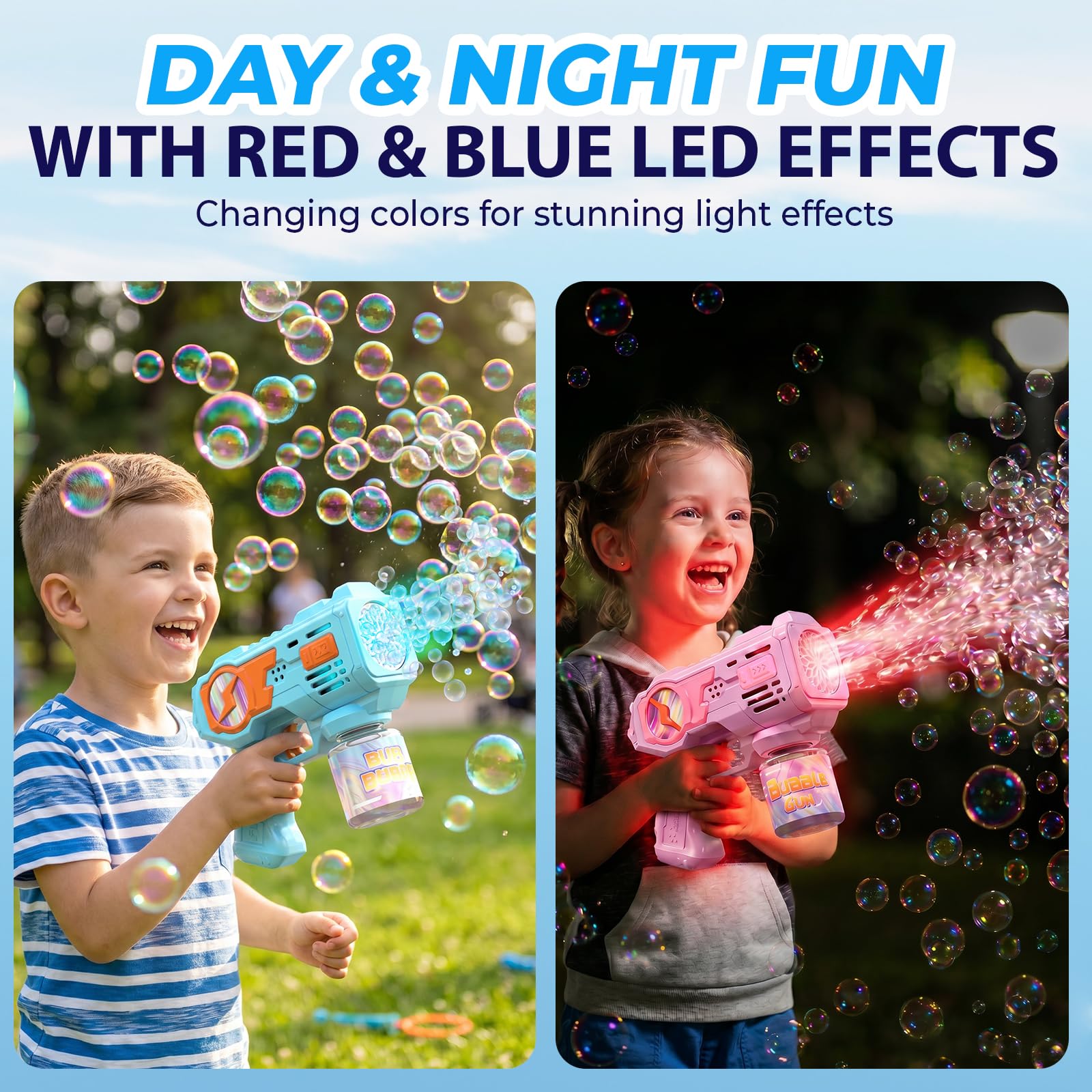 Blubbel 2x Sparabolle di Sapone LED, Pistola Giochi, Macchina Automatica, Bubble Gun, Cannone d’Aria, Giocattolo Matrimonio, Regalo Estivo Bambini, 1L Liquido Incluso