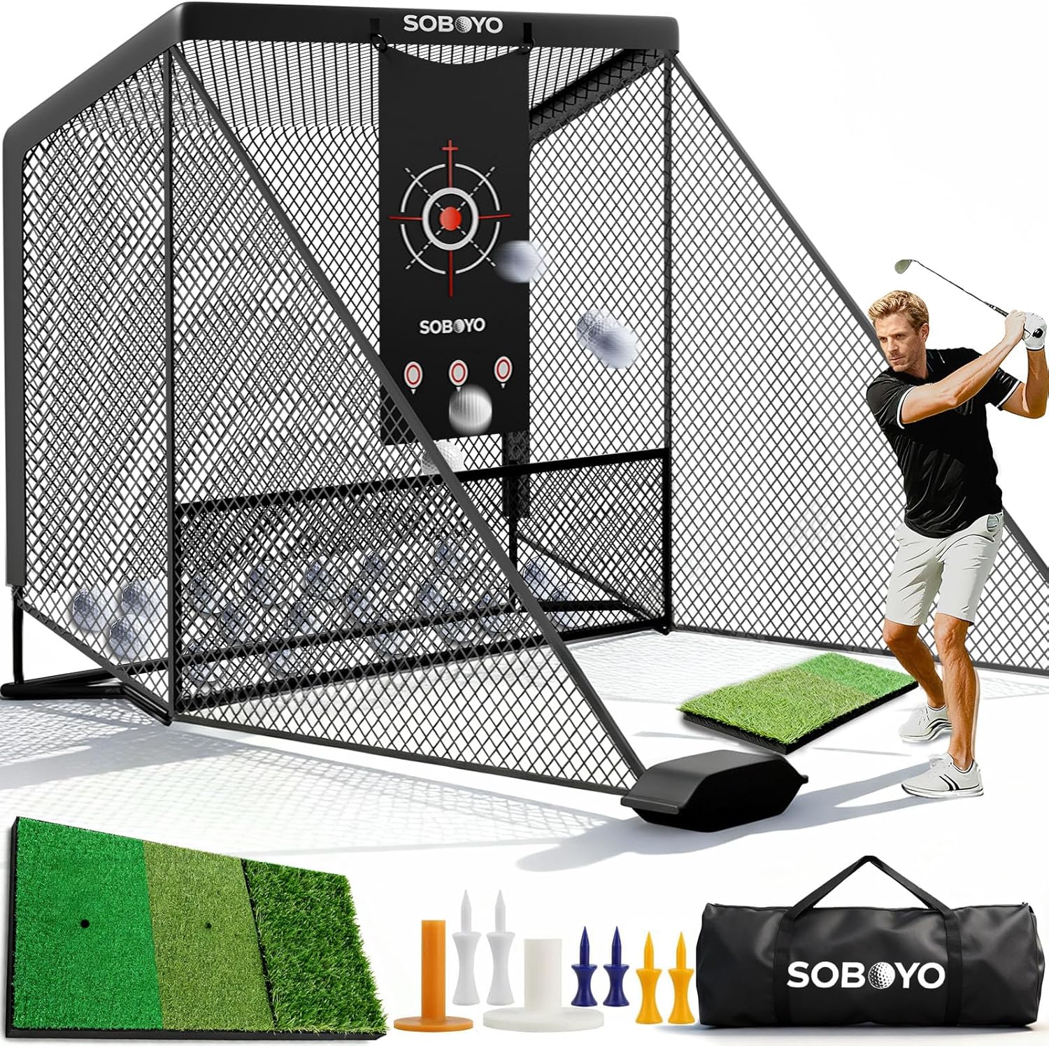 Golf Practice Hitting Net for Driving Real Balls, Indoor Chipping Swing Training Nets with Side Barriers Impact Target, 10 x 7.5ft Heavy Duty Netting with Carry Bag for Backyard Outdoor Driveway Use