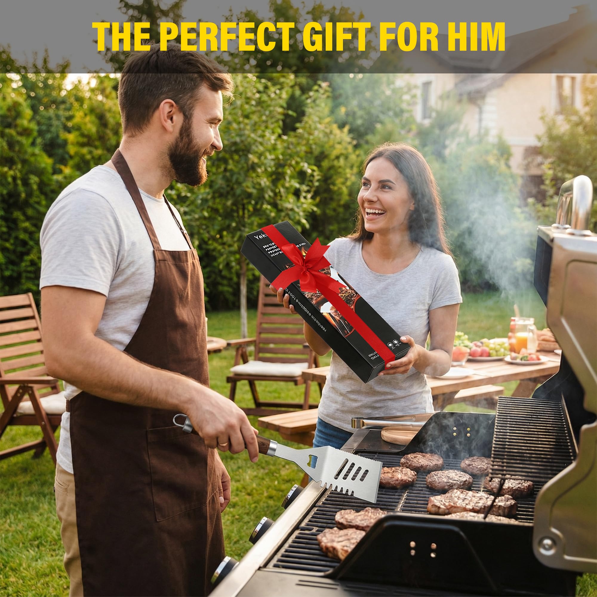 Yekale Juego de herramientas resistentes para parrilla de barbacoa con espátula extra gruesa de acero inoxidable, tenedor, pinzas y cepillo de limpieza, kit completo de accesorios para barbacoa